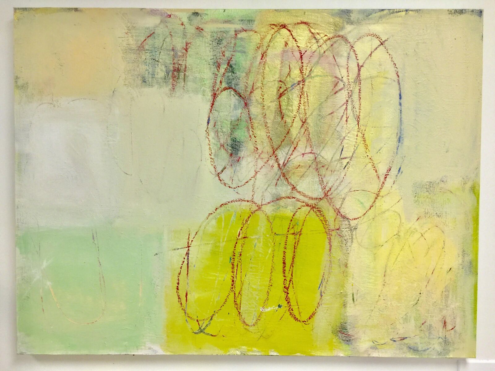 An abstract composition featuring a cluster of red, scribbled circles over a textured background of pale yellow and green.