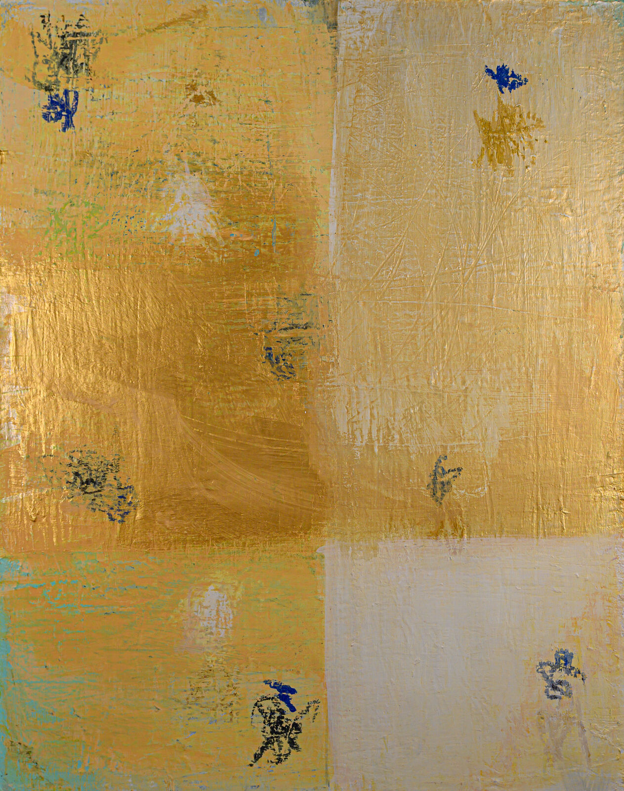 A textured abstract composition featuring a split vertical canvas of gold and white with scattered blue marks.