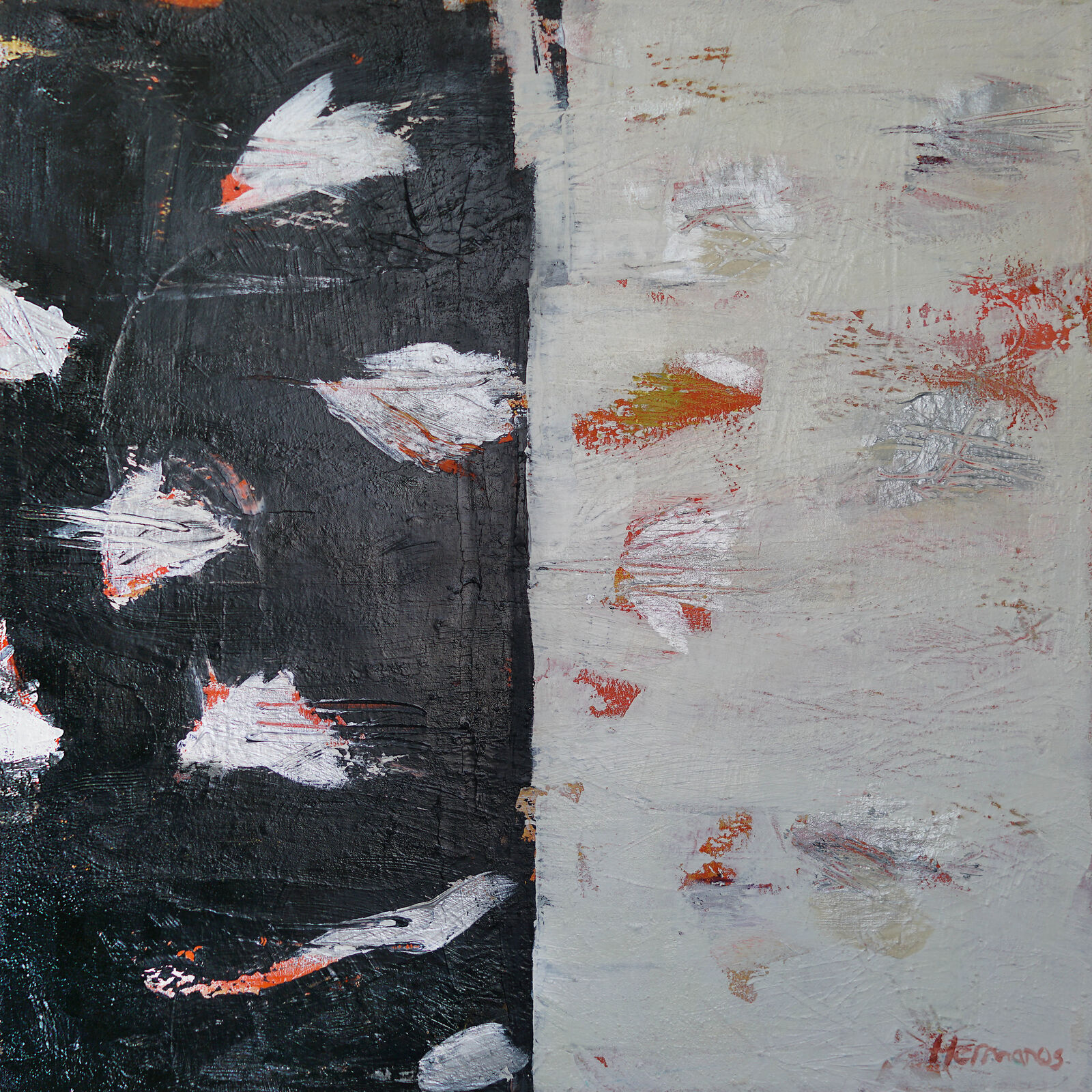 A stark abstract painting split by a vertical line, featuring bold black and white textures with splashes of red.