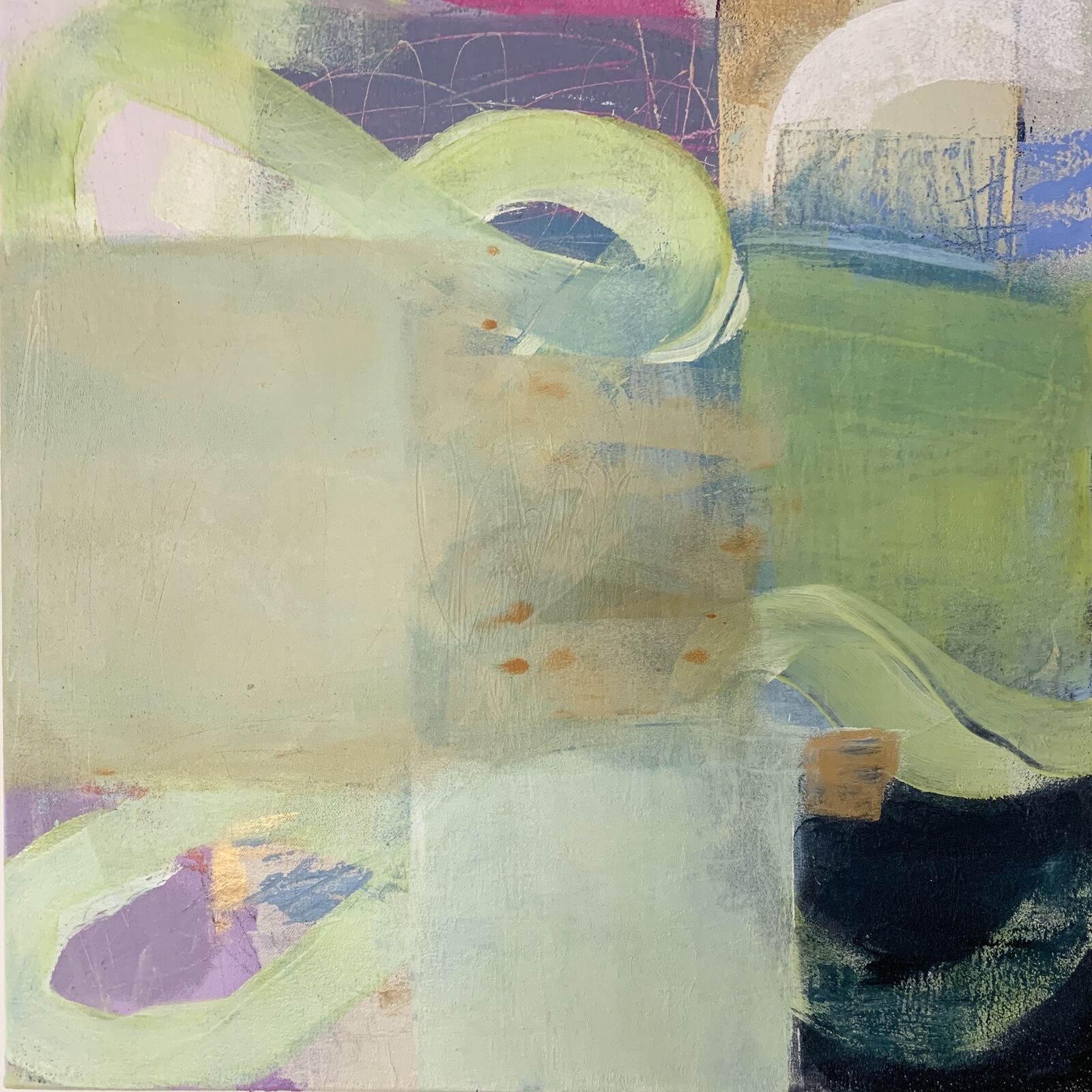 An abstract composition featuring a large green ribbon-like form against a textured, multi-colored background.