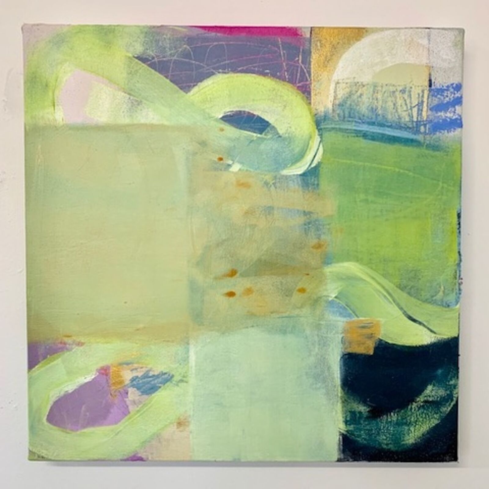 An abstract composition featuring a large green ribbon-like form against a textured, multi-colored background.