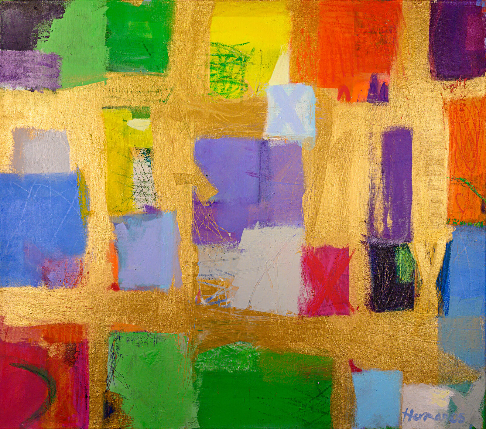 A vibrant abstract composition featuring a grid of colorful geometric shapes against a textured gold background.