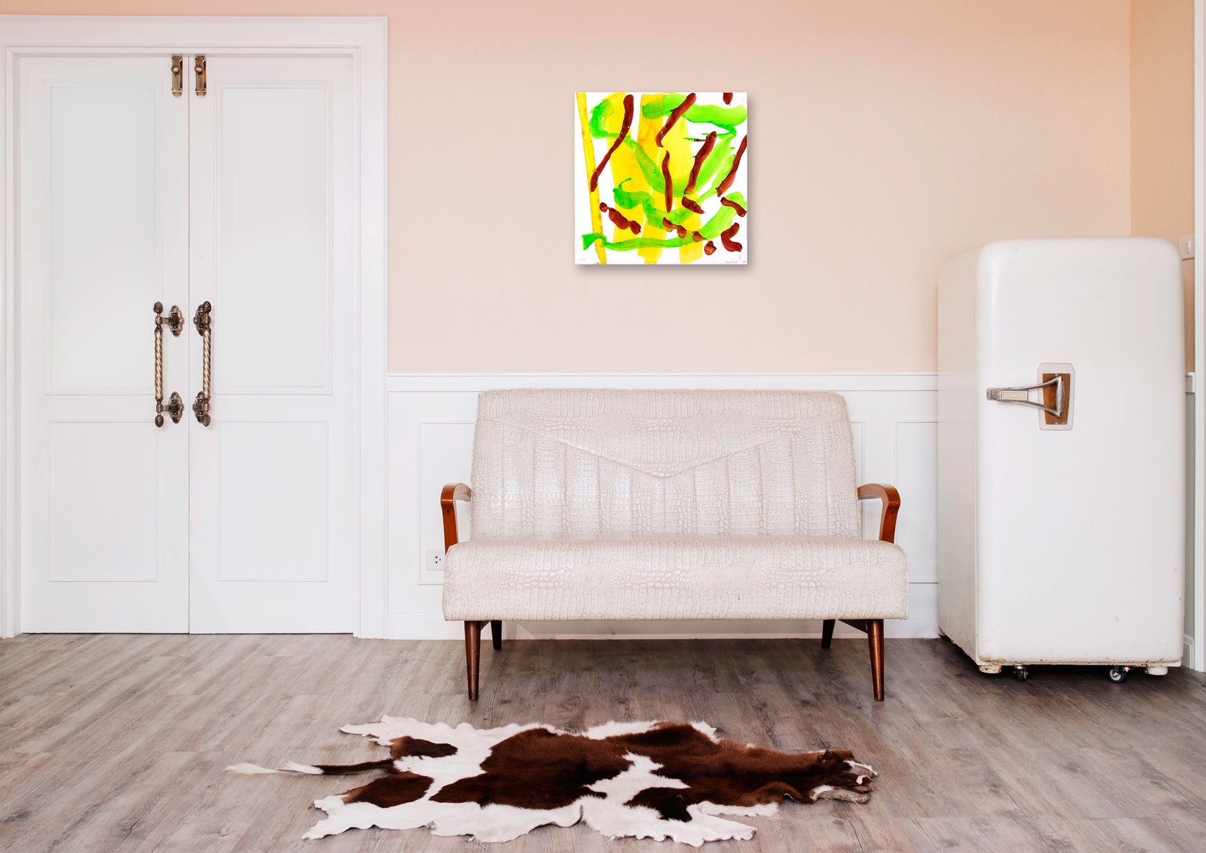 A painting of green and yellow paint on a white background.