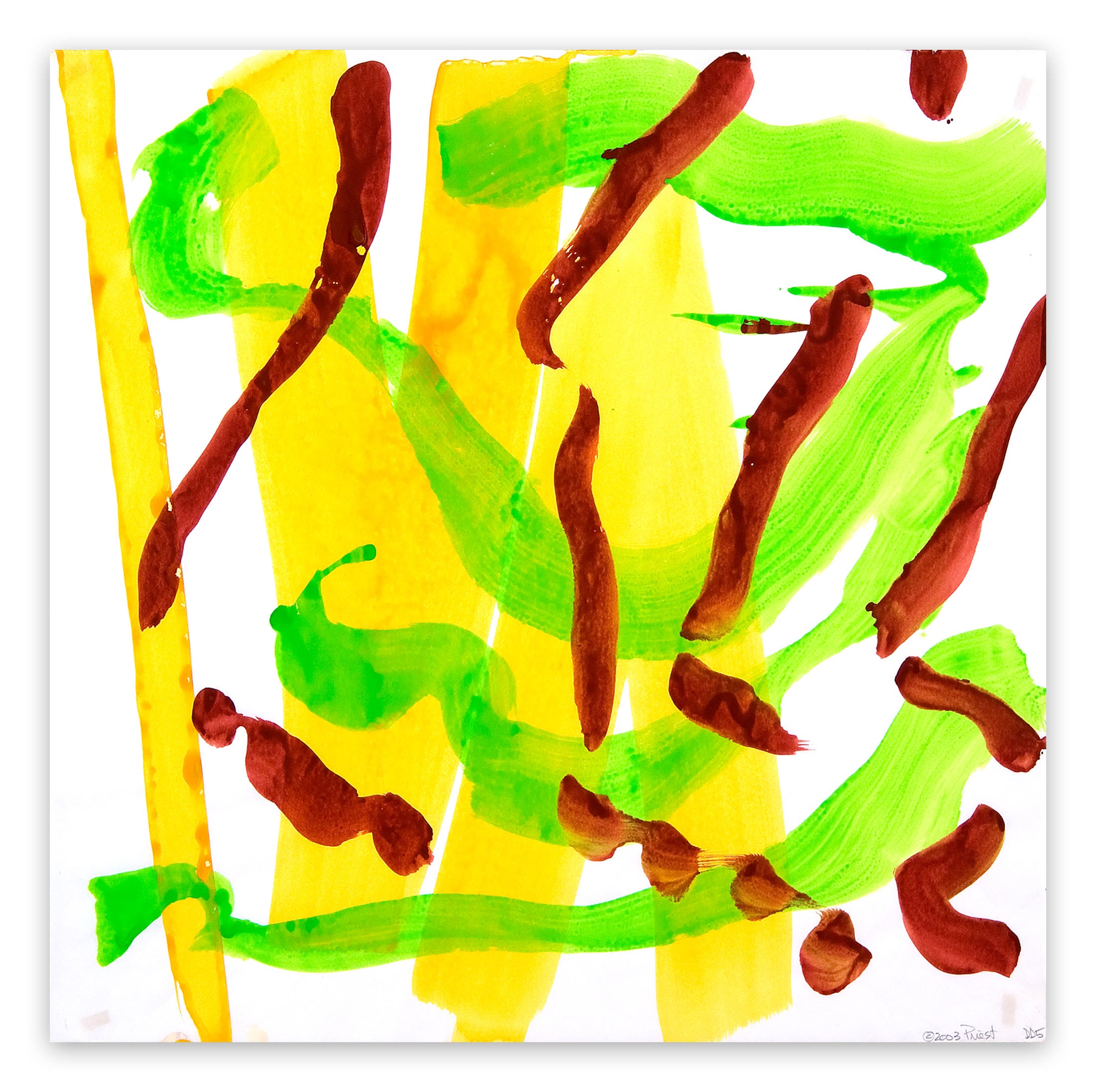 A painting of green and yellow paint on a white background.