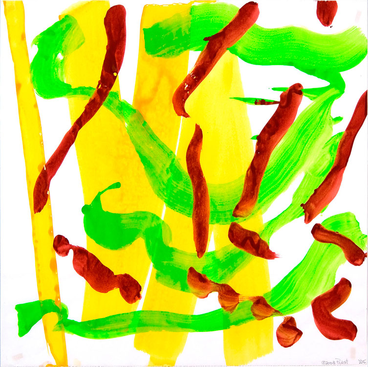 A painting of green and yellow paint on a white background.