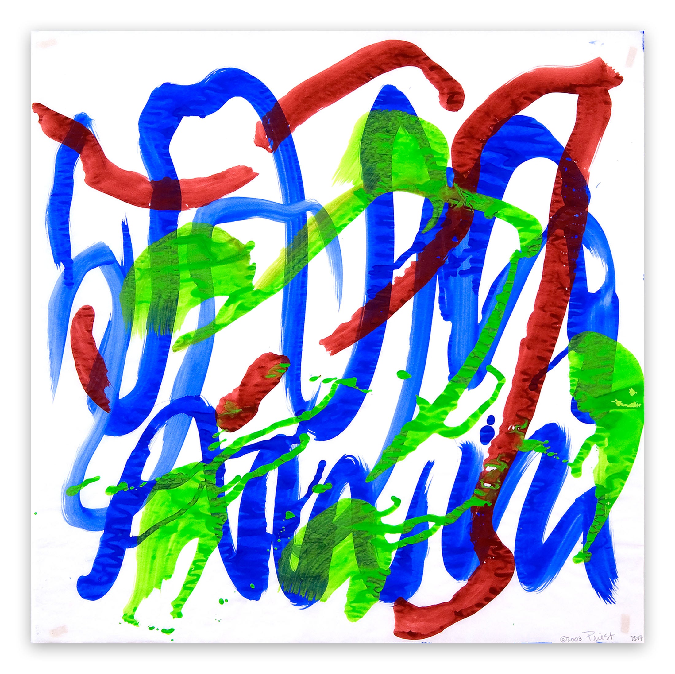 A painting with blue, green and red paint splatters on it.