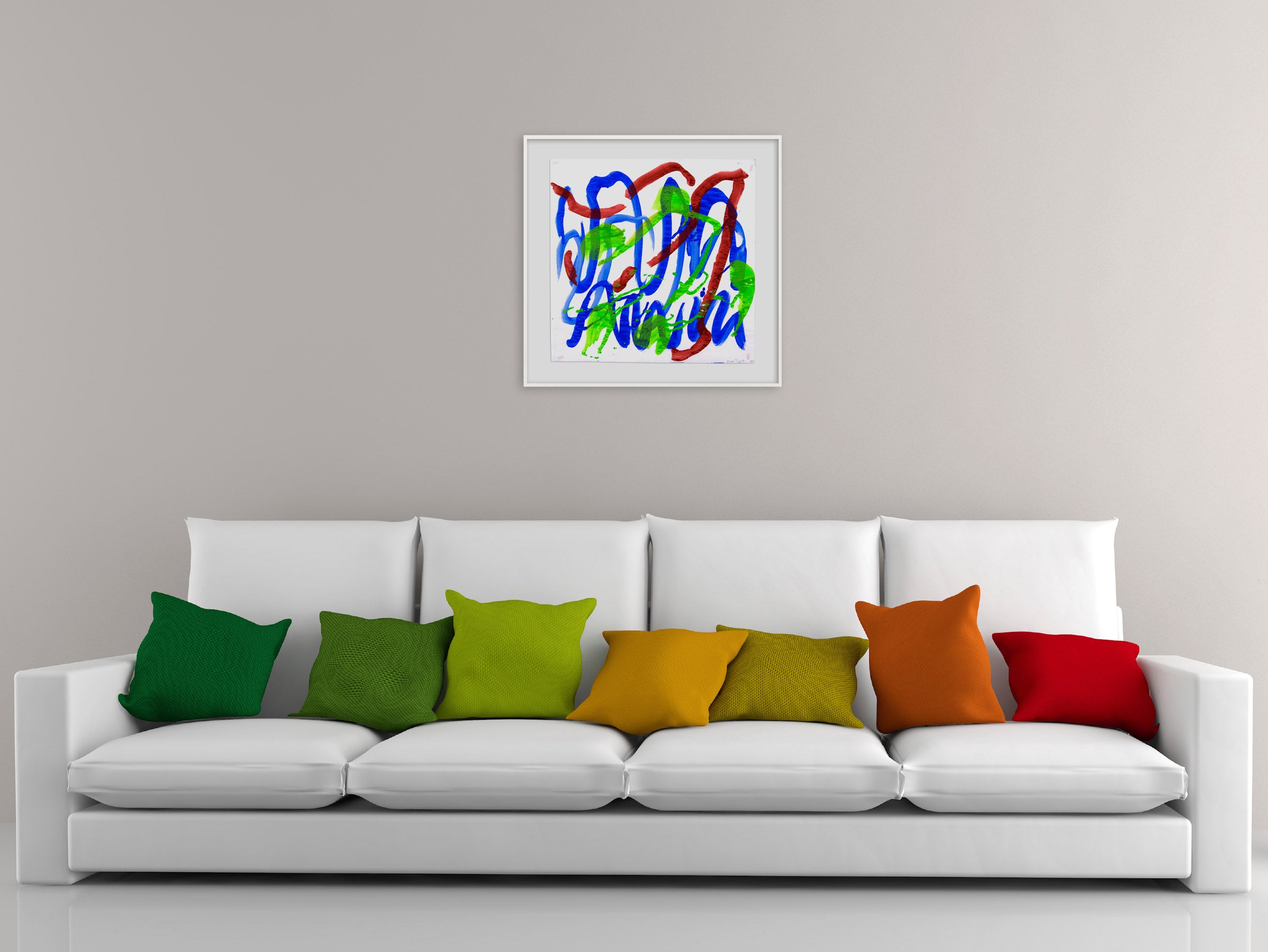 A painting with blue, green and red paint splatters on it.