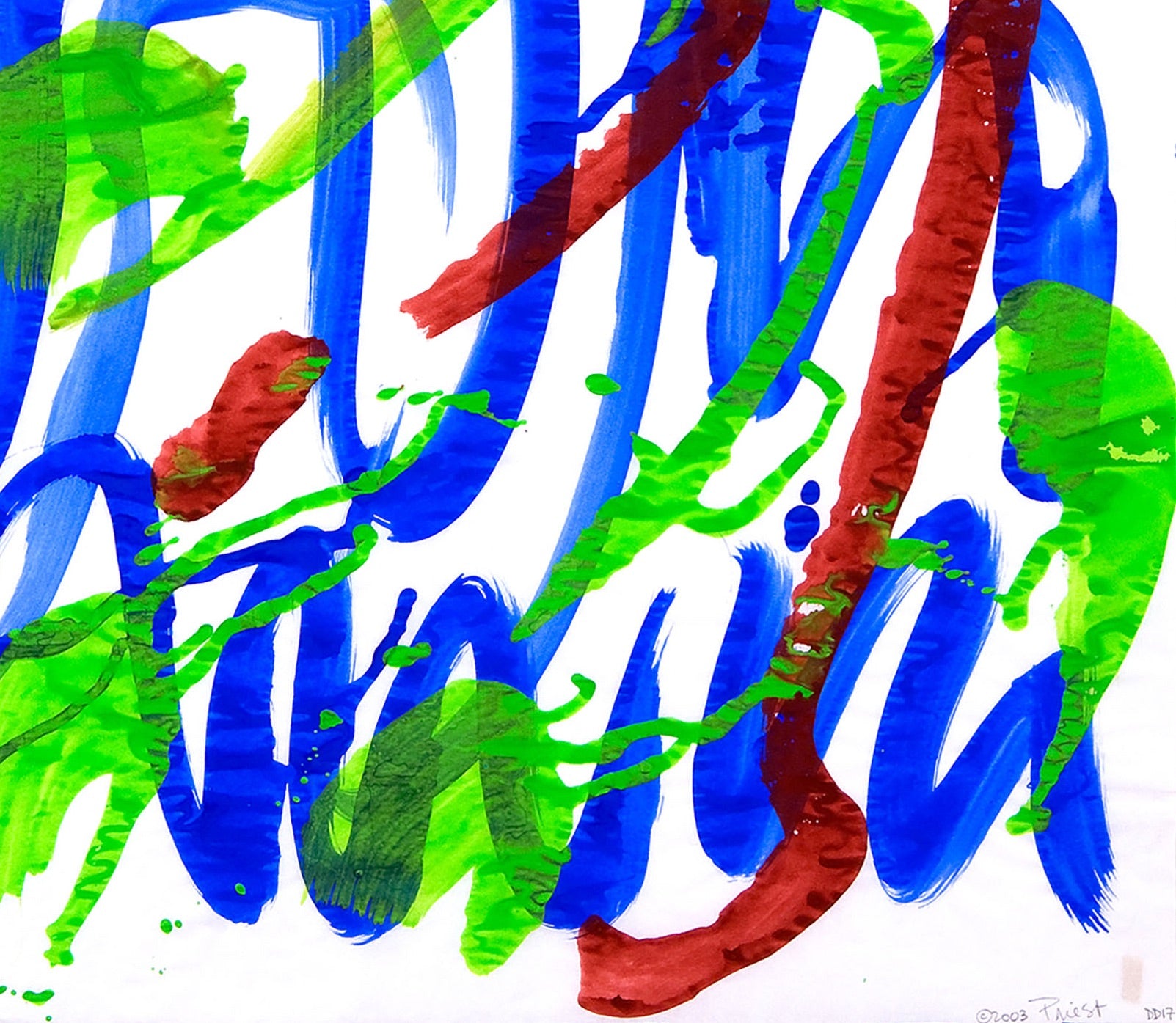 A painting with blue, green and red paint splatters on it.