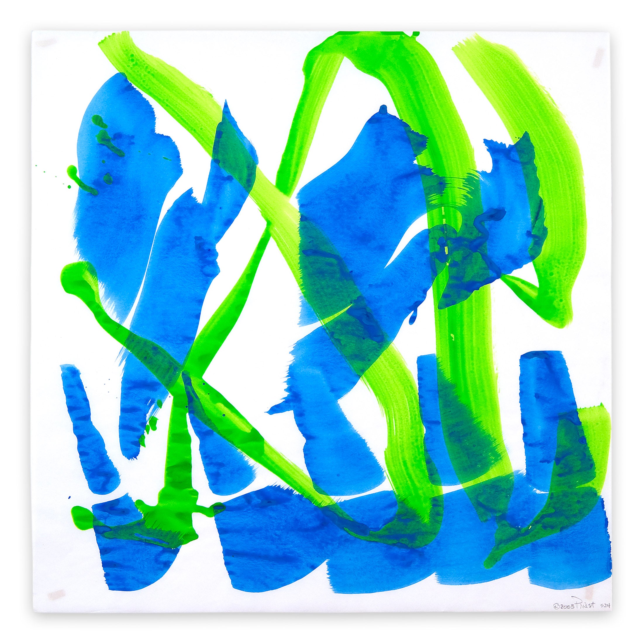 A blue and green painting on a white background.