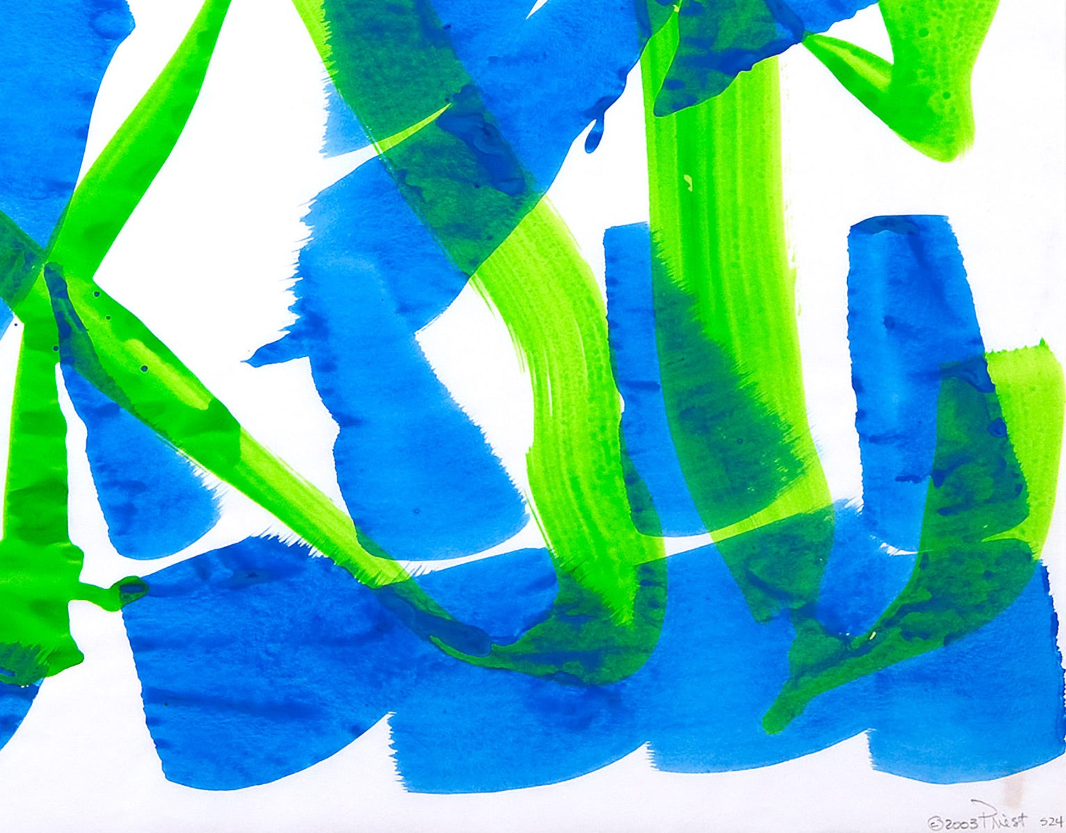 A blue and green painting on a white background.
