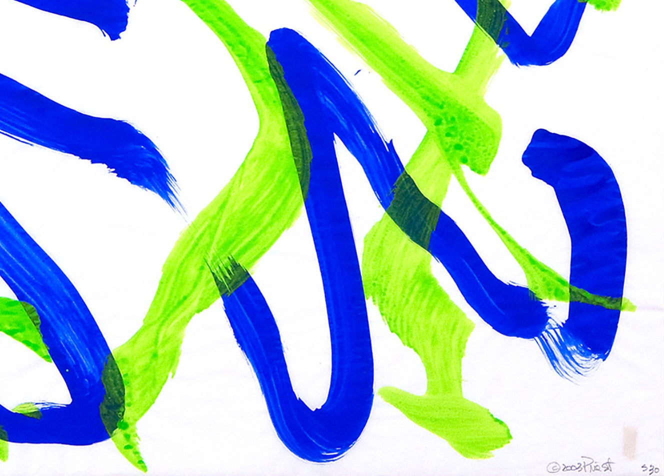 A blue and green abstract painting on a white background.