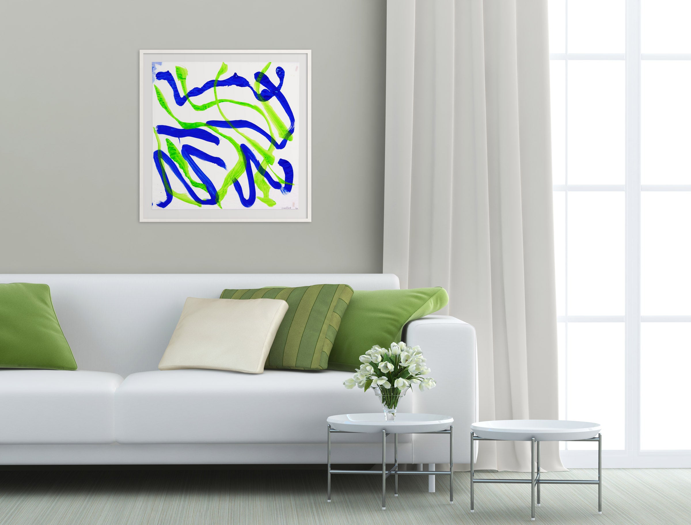 A blue and green abstract painting on a white background.