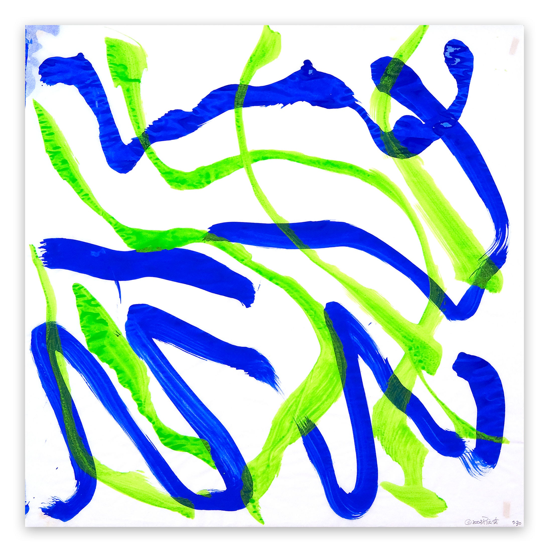 A blue and green abstract painting on a white background.