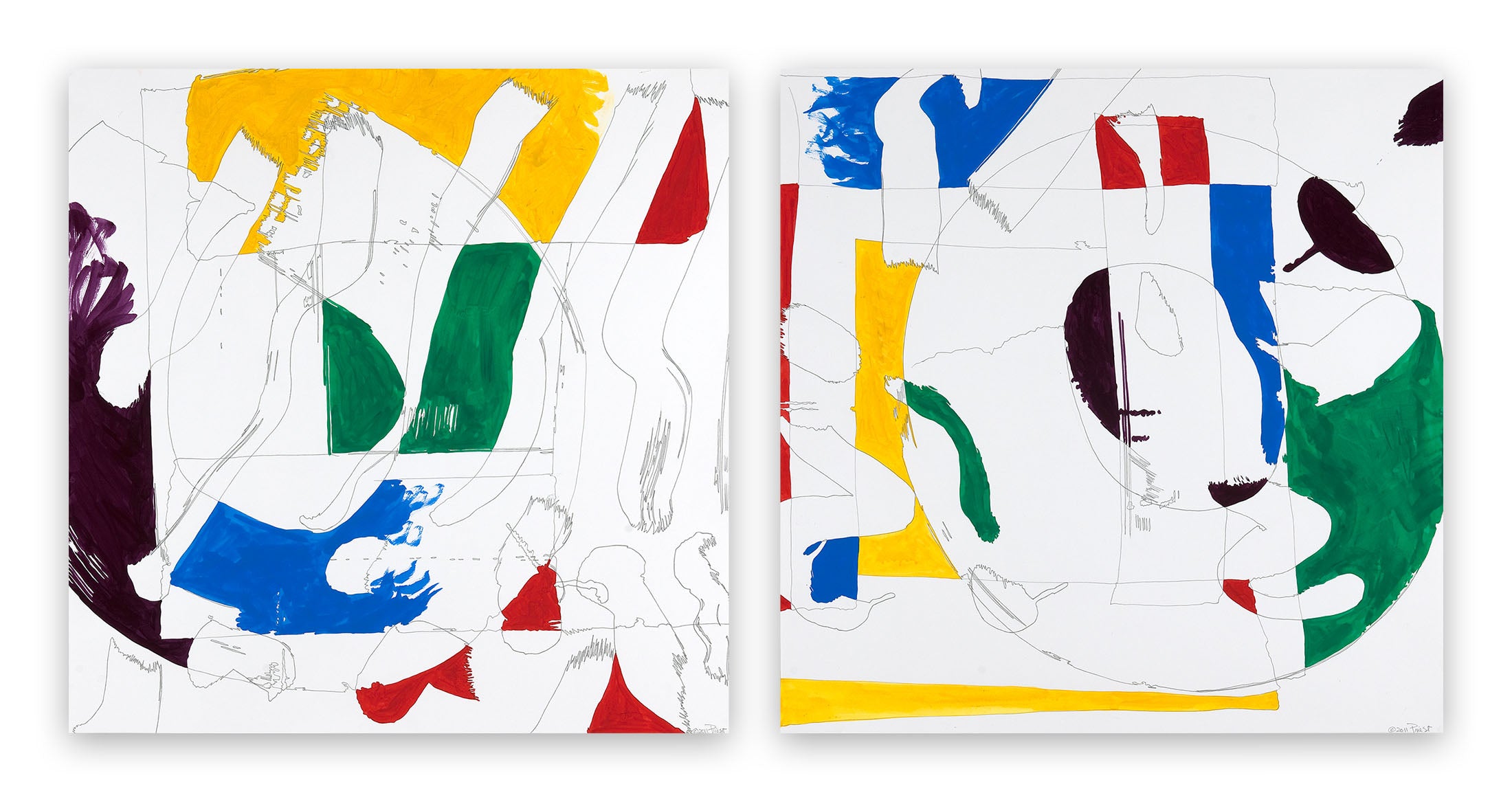 Two paintings of abstract shapes on a white background.