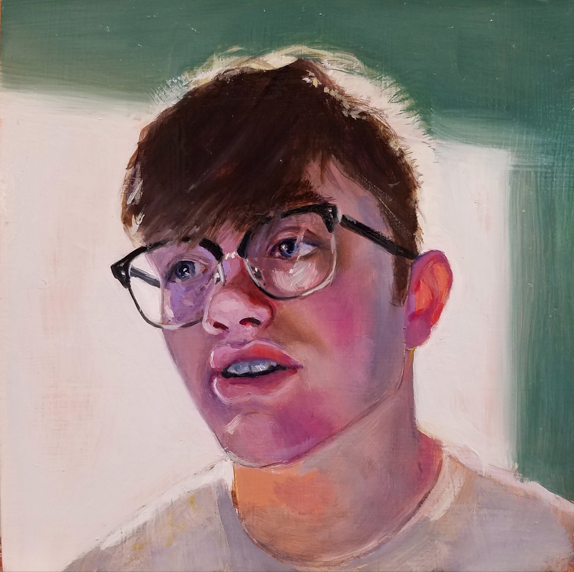 A close-up portrait of a person with glasses and short hair, rendered in expressive brushstrokes.