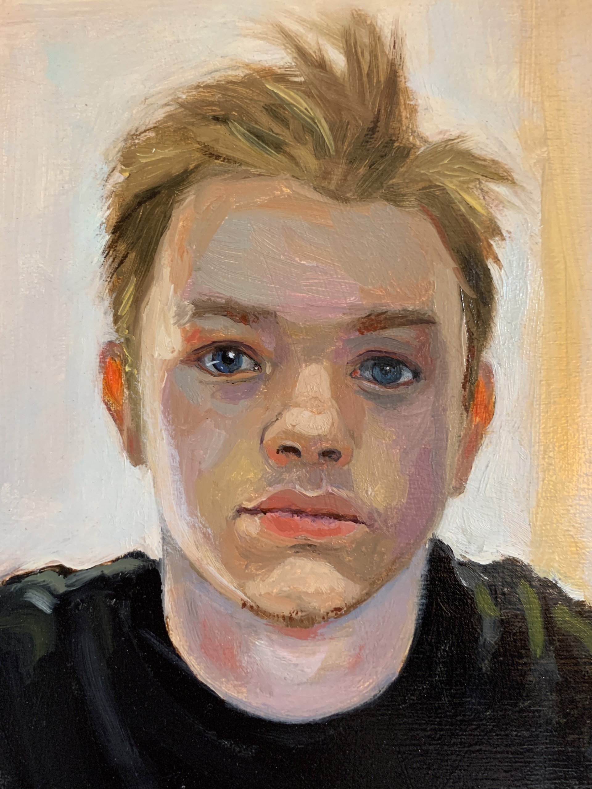 A painting of a young man wearing a Metallica shirt.