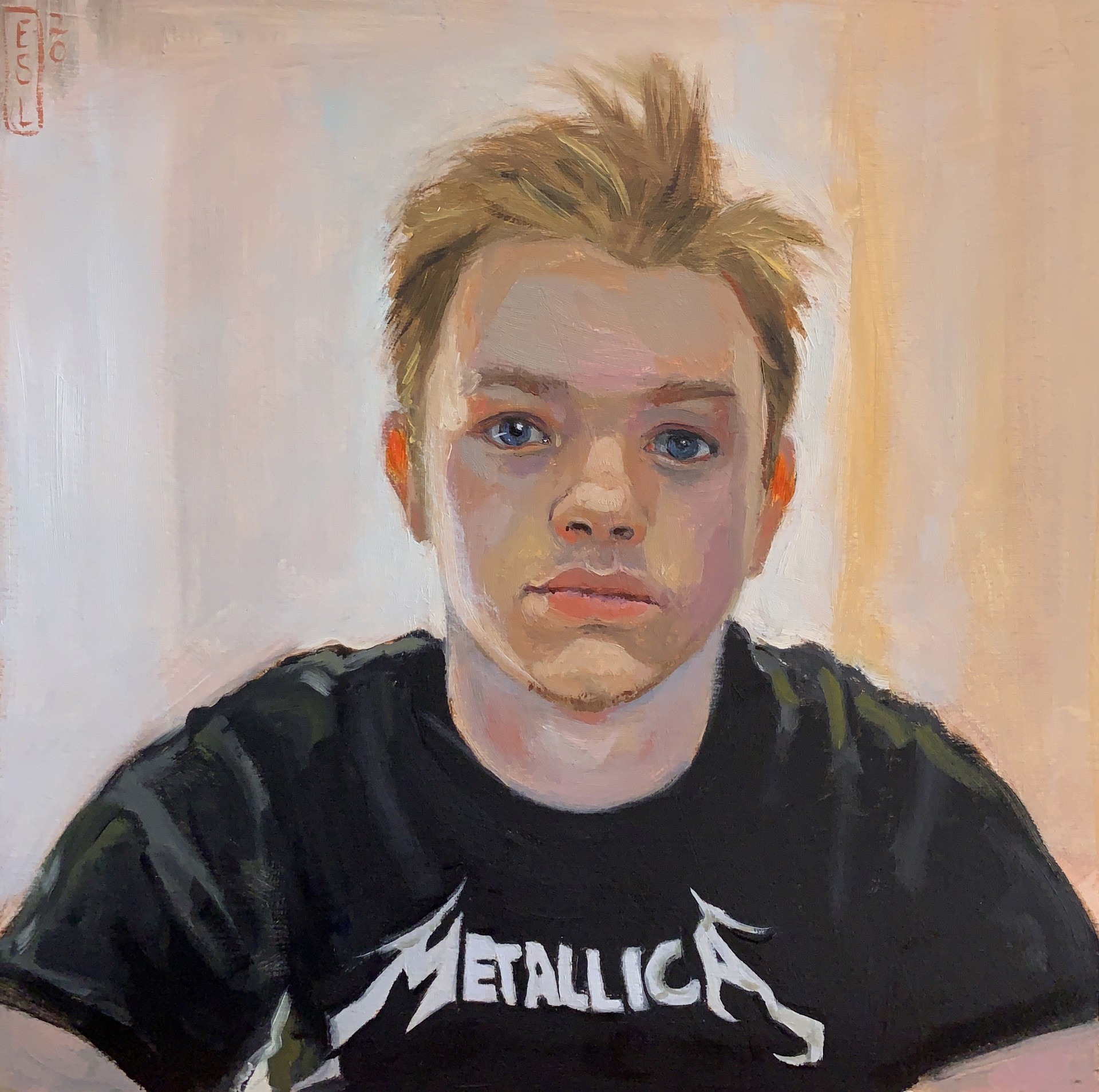 A painting of a young man wearing a Metallica shirt.