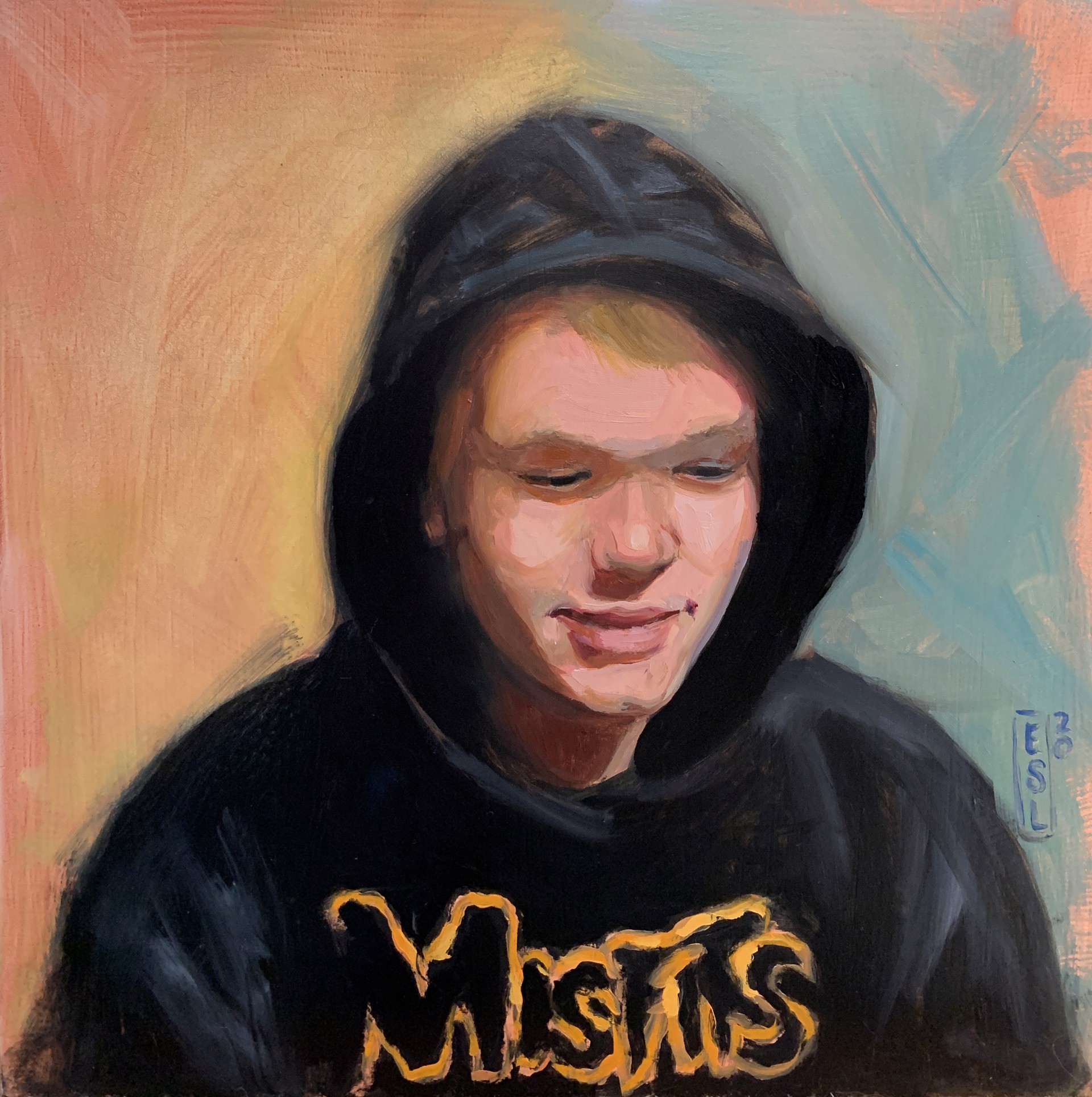 A painting of a young man wearing a black hoodie.