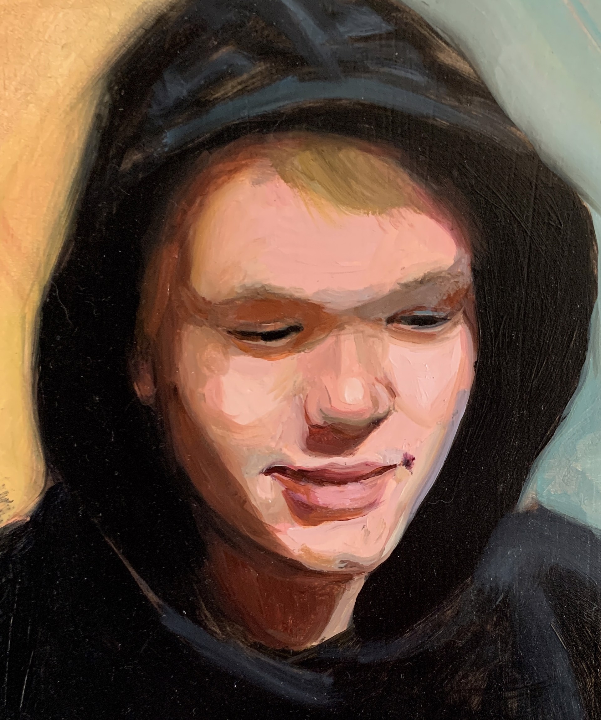 A painting of a young man wearing a black hoodie.
