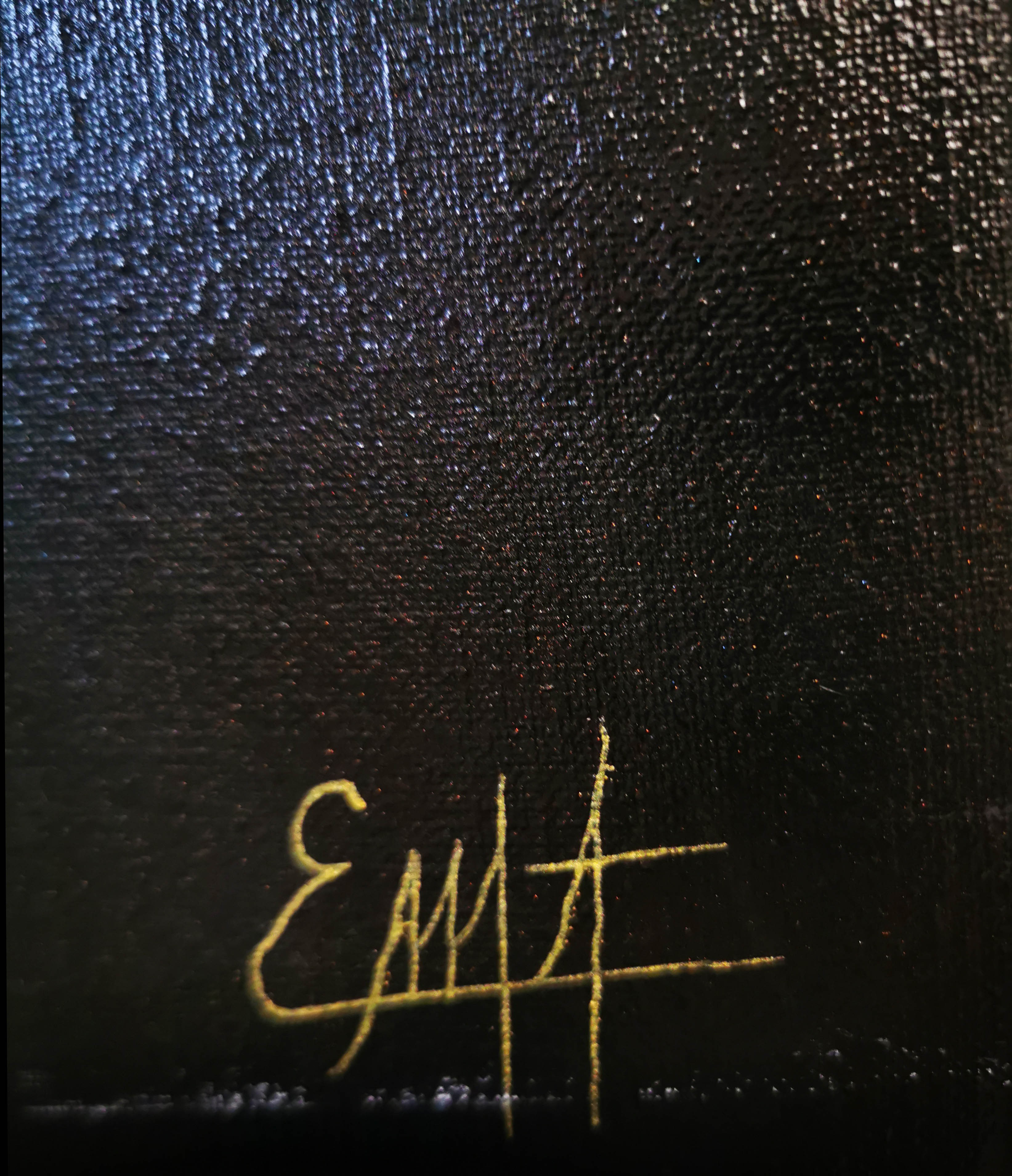 A close up of a painting on a wall. 