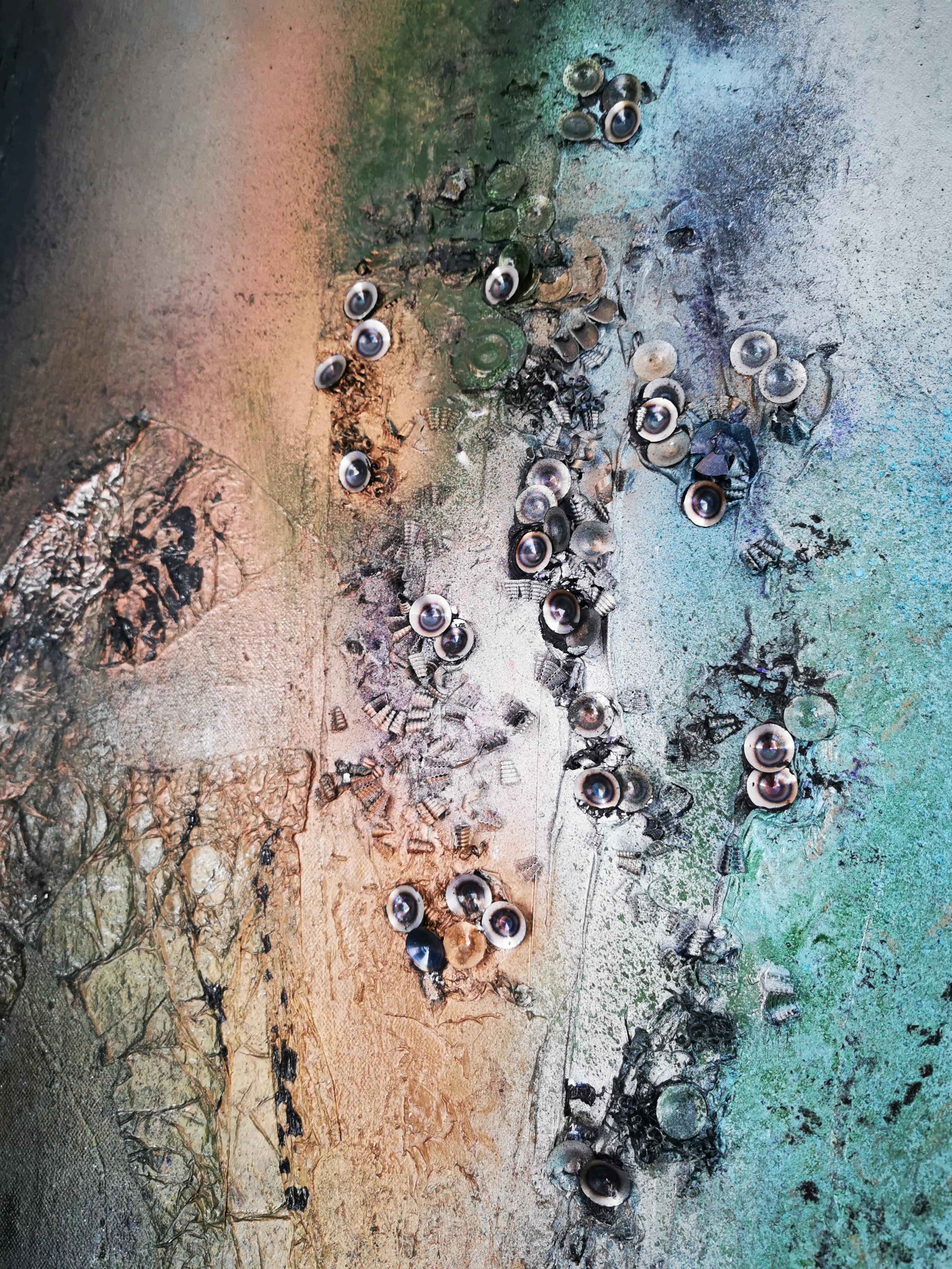 A close up of a painting on a wall.