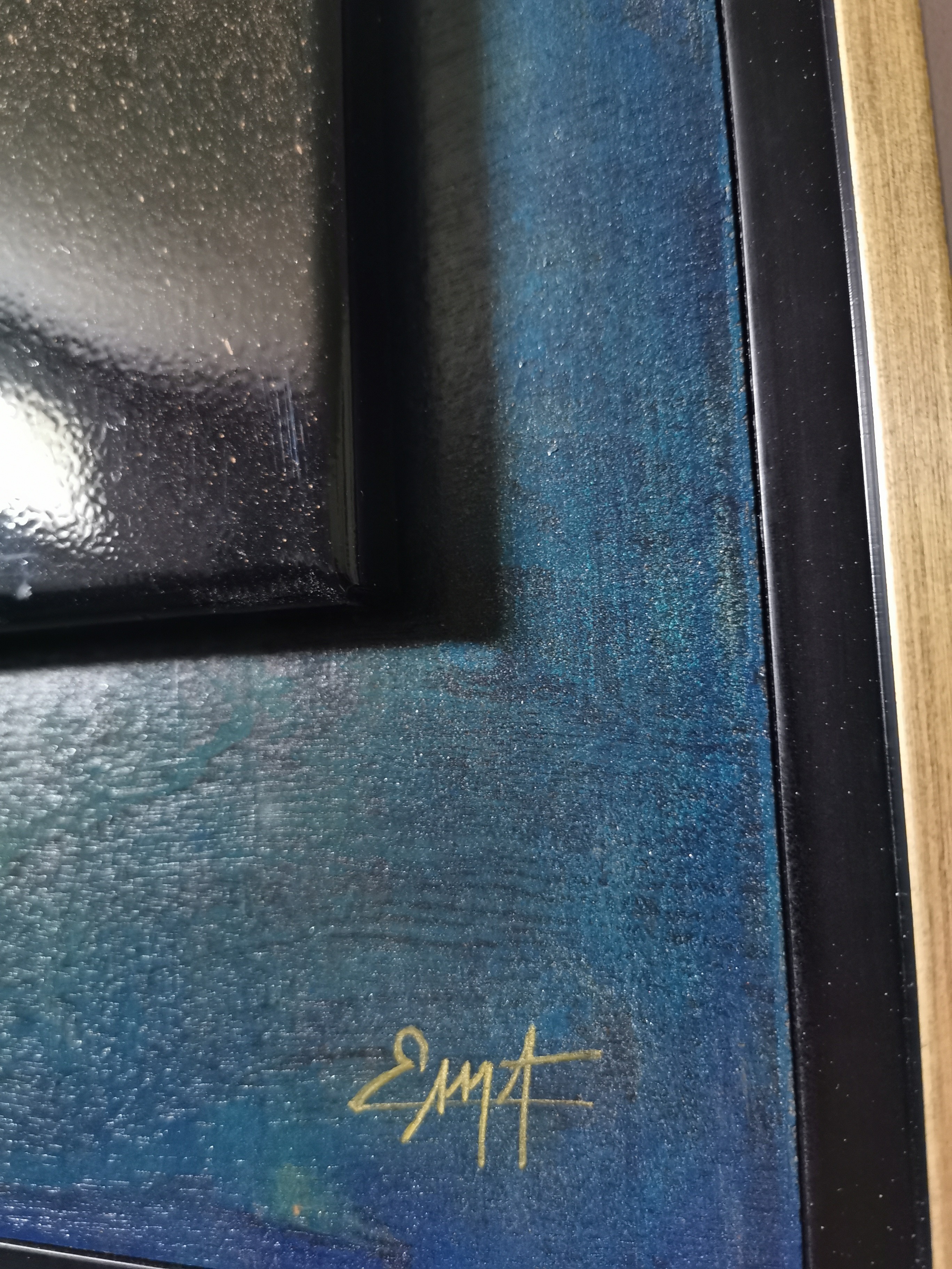 A painting of a blue and yellow insect on a black background.