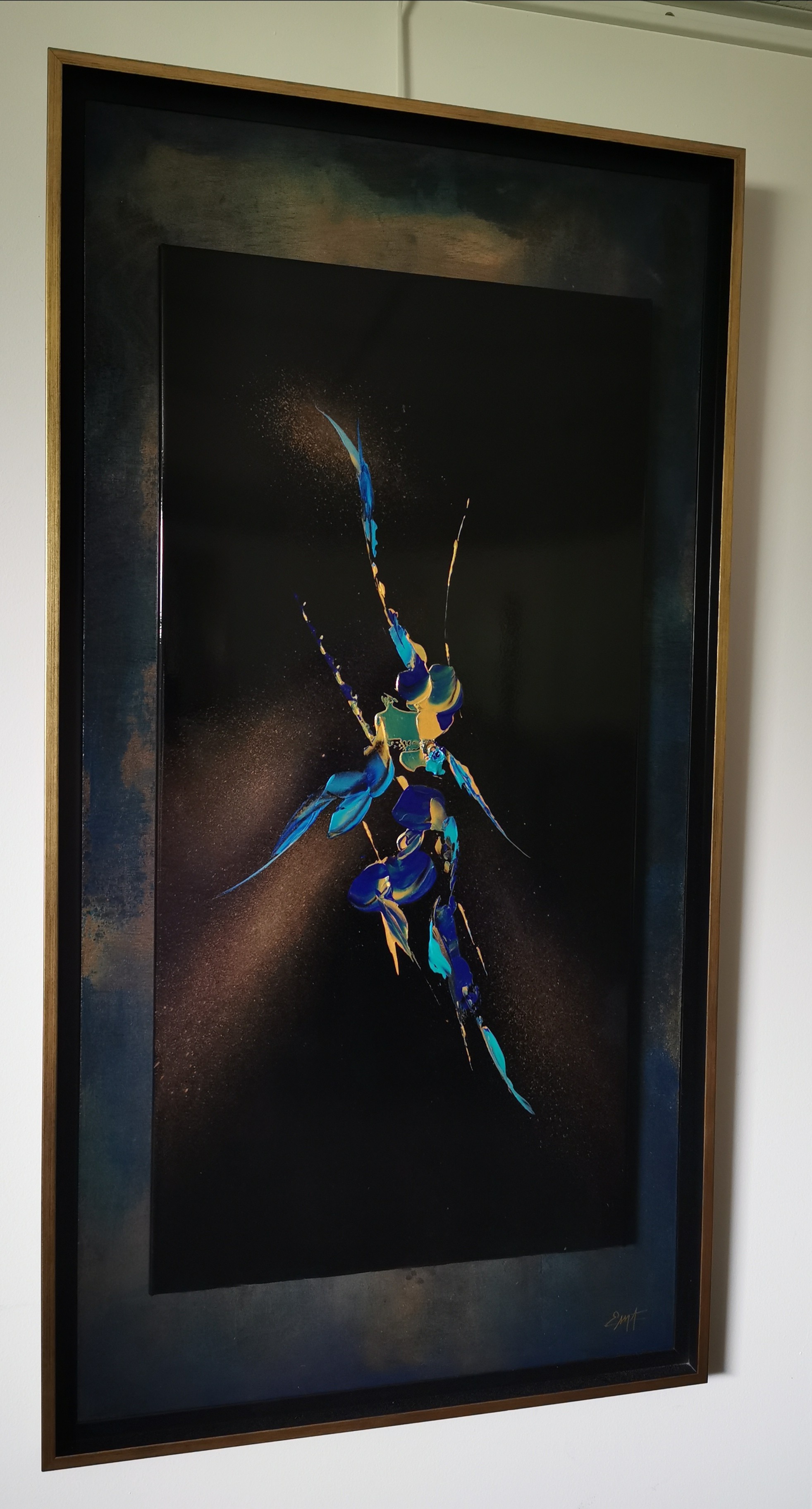 A painting of a blue and yellow insect on a black background.