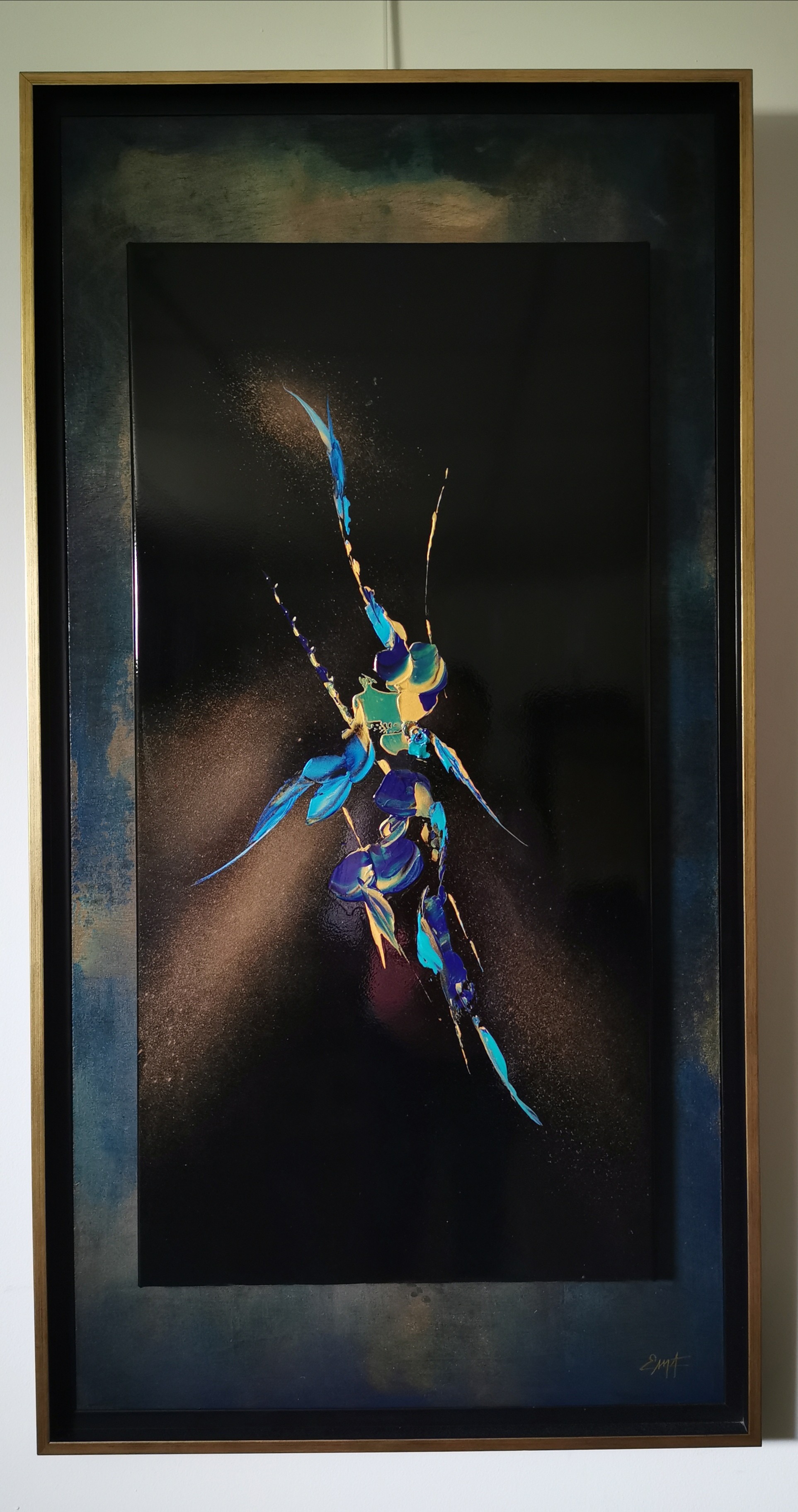 A painting of a blue and yellow insect on a black background.