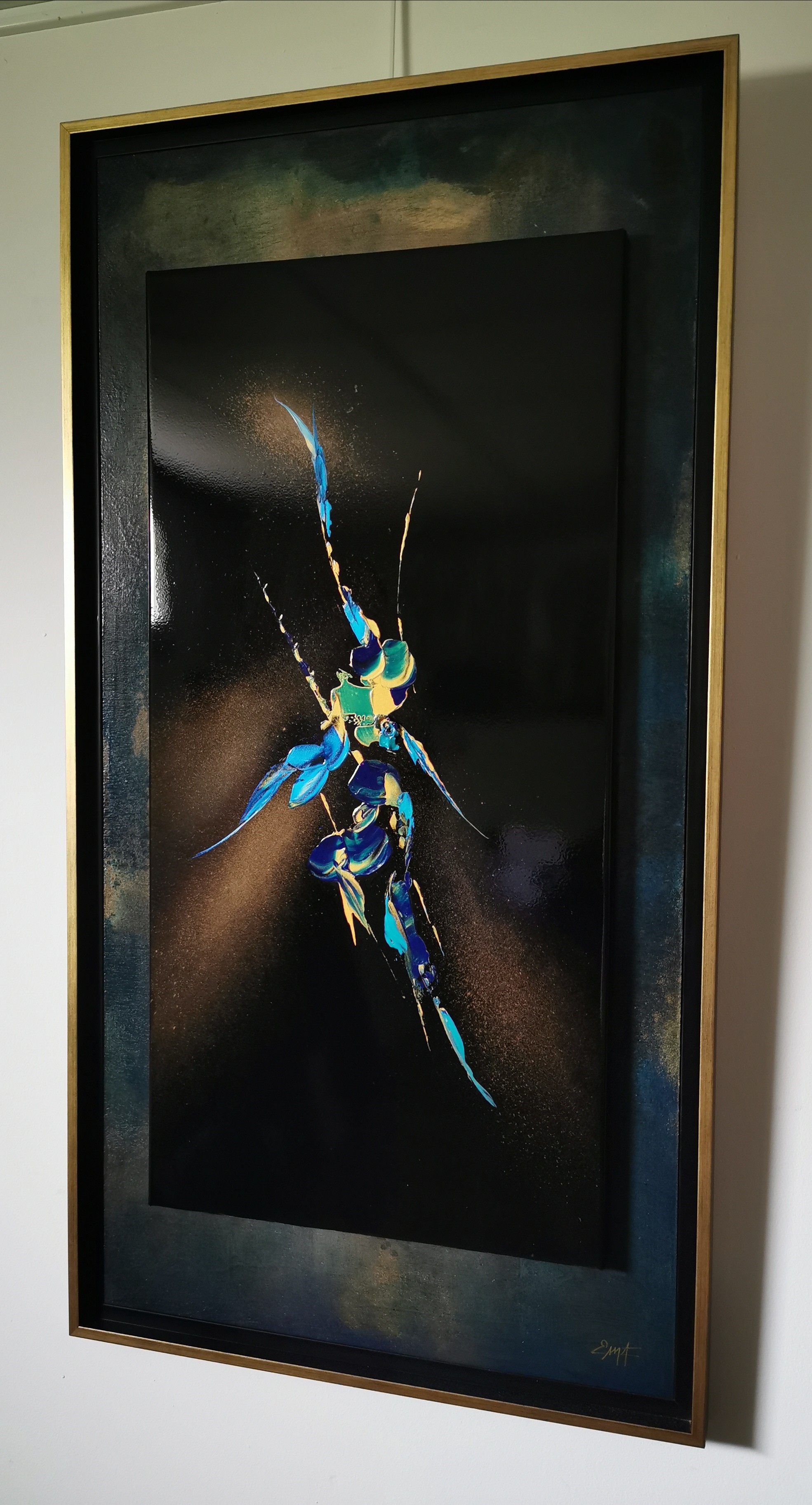 A painting of a blue and yellow insect on a black background.