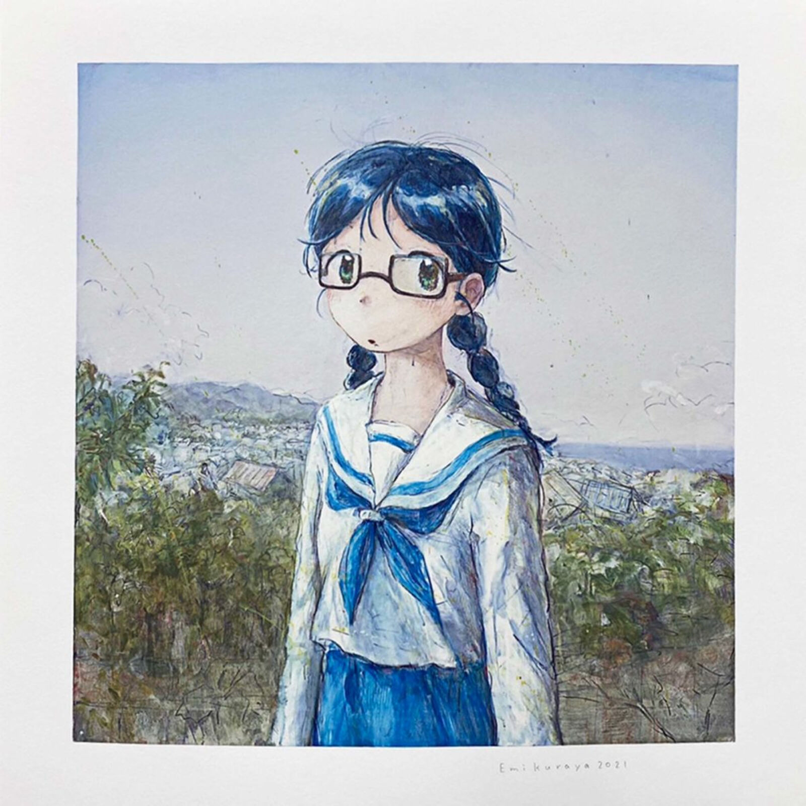 A painting of a girl wearing glasses and a sailor outfit.