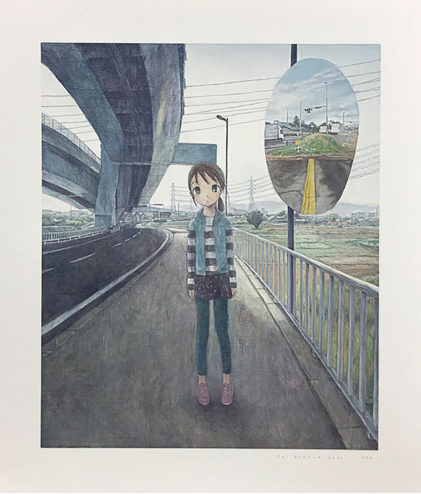 A painting of a girl standing on a bridge.