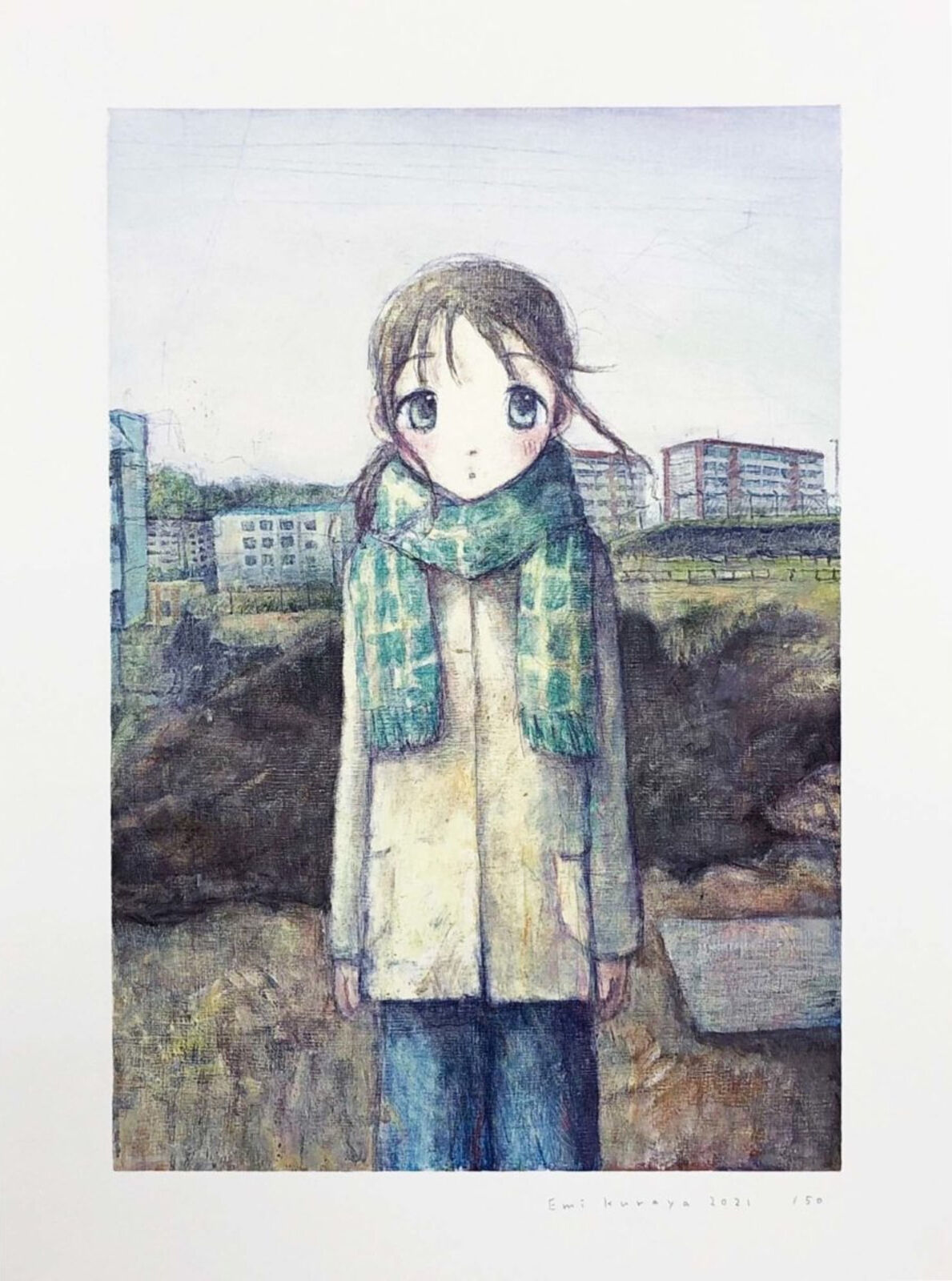 A drawing of a girl wearing a scarf standing in a field.