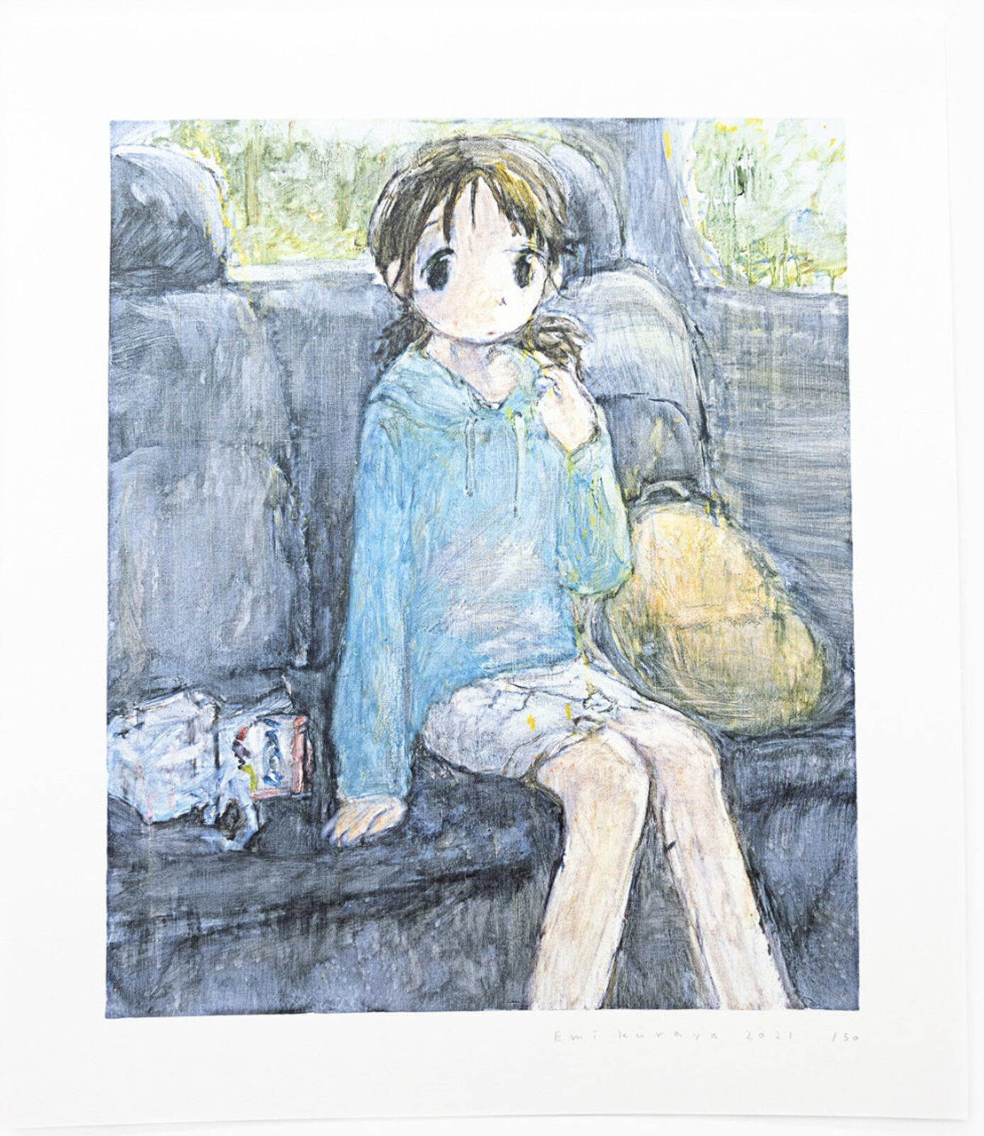 A drawing of a girl sitting on a couch.