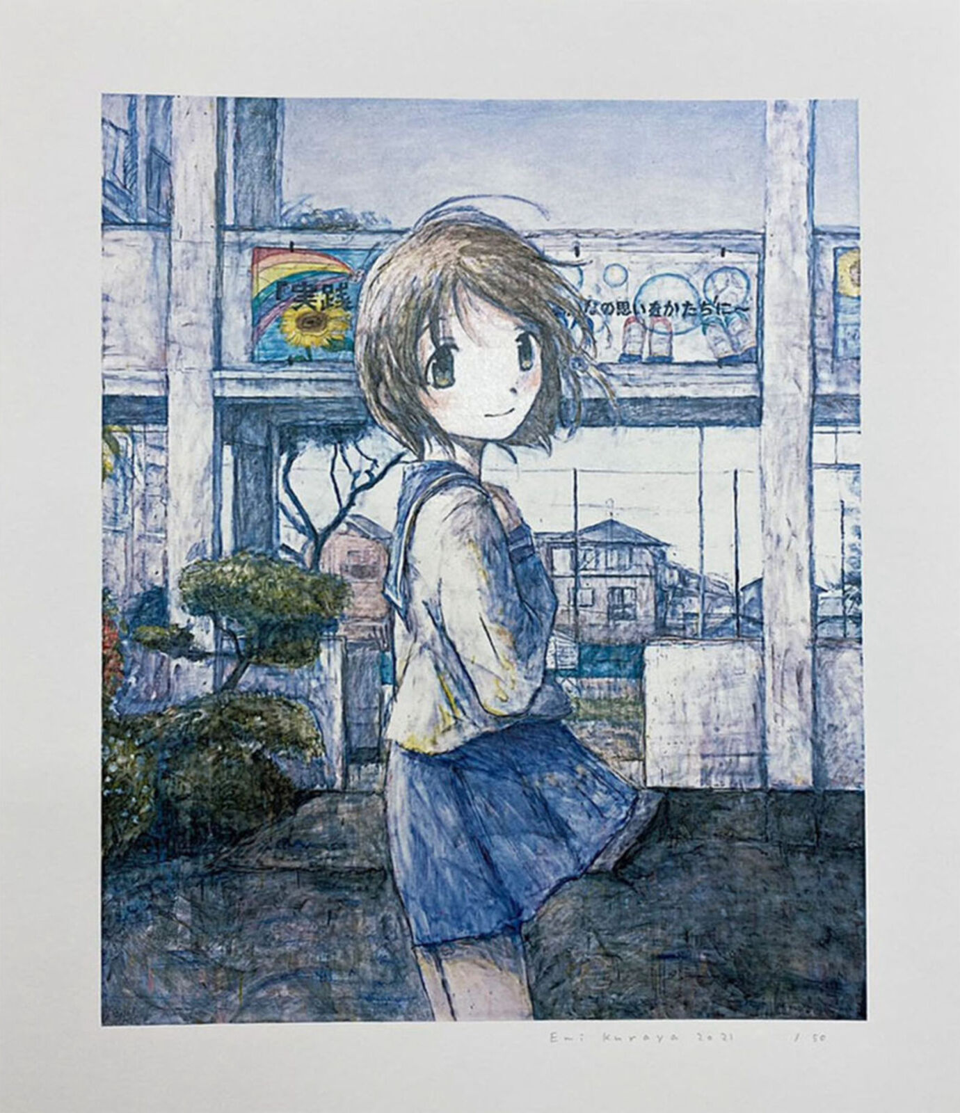 A drawing of a girl standing in front of a window.