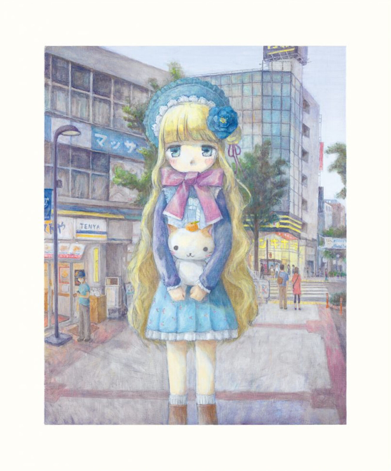 A painting of a girl holding a cat on a city street.