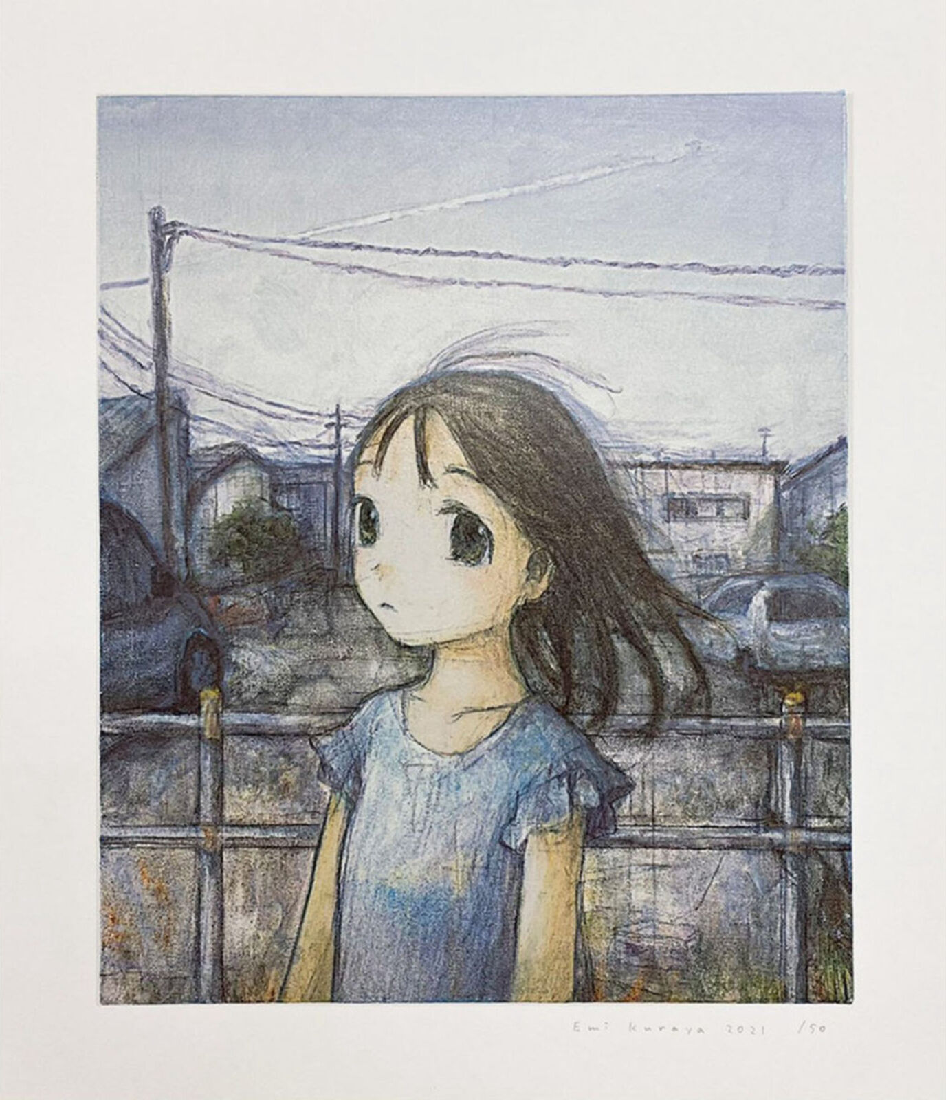 A drawing of a girl standing in front of a fence.