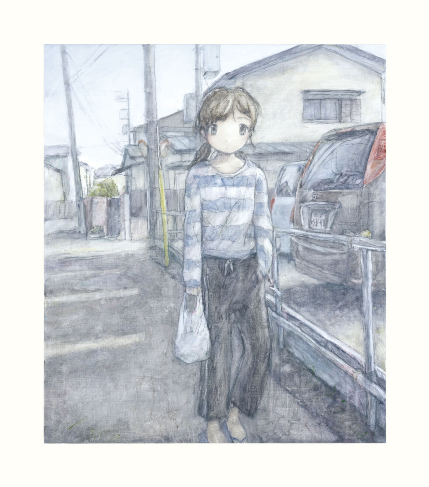 A drawing of a girl standing on a street corner.