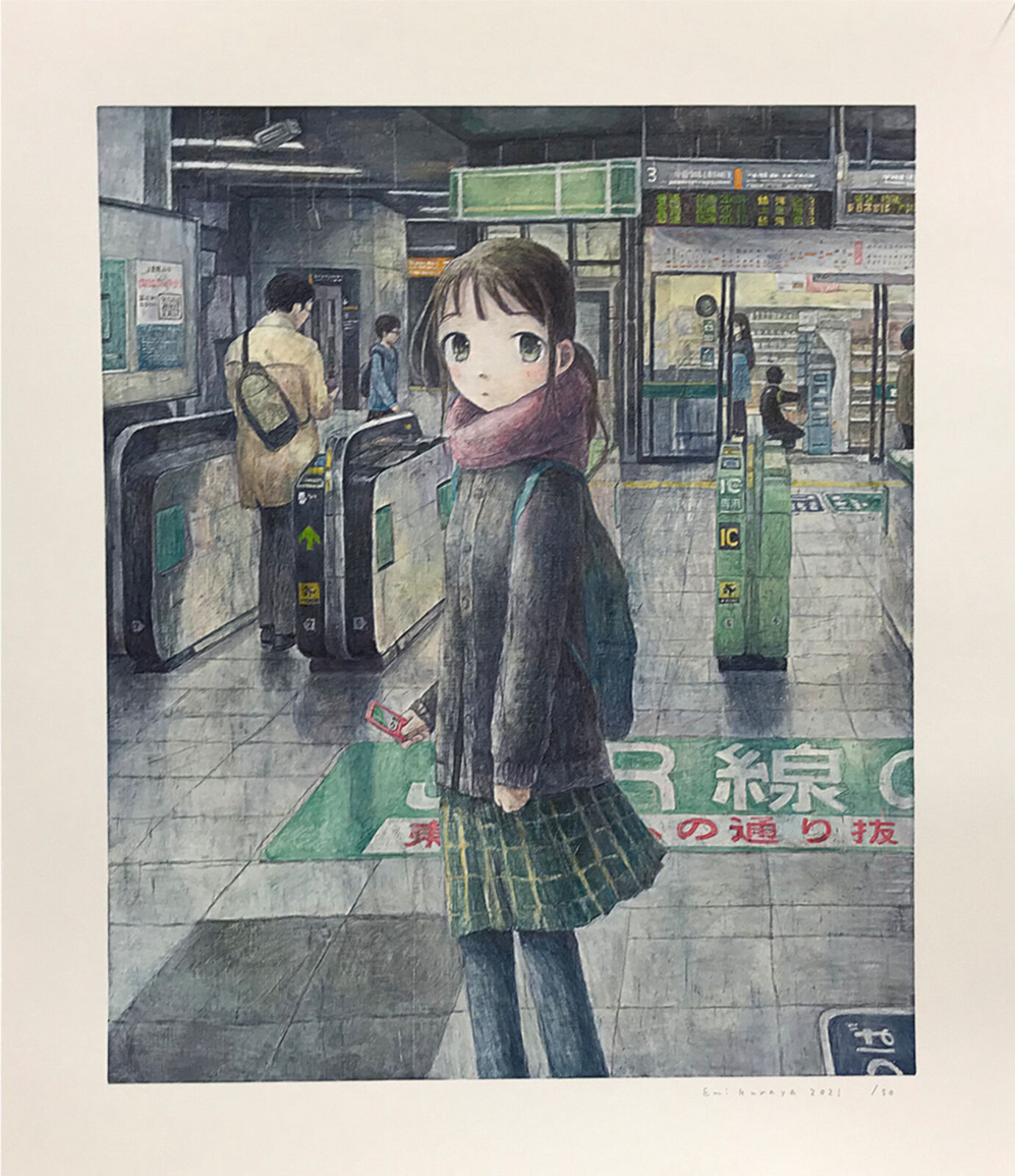 A painting of a girl waiting for a train at a subway station.