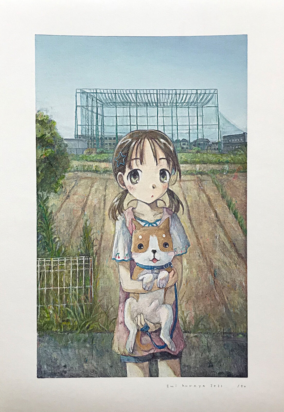 A painting of a girl holding a dog in her arms.