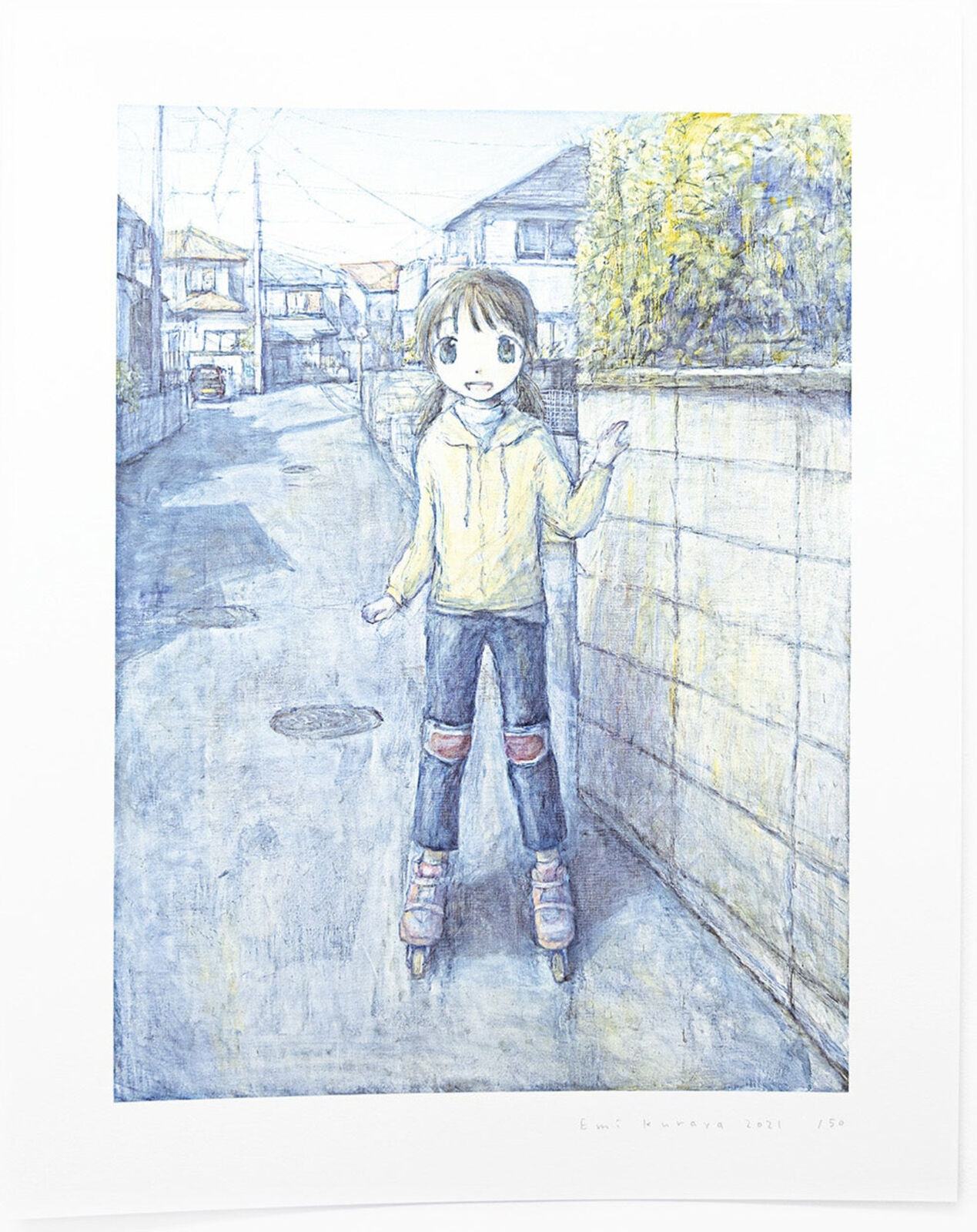A drawing of a girl on roller skates leaning against a wall.