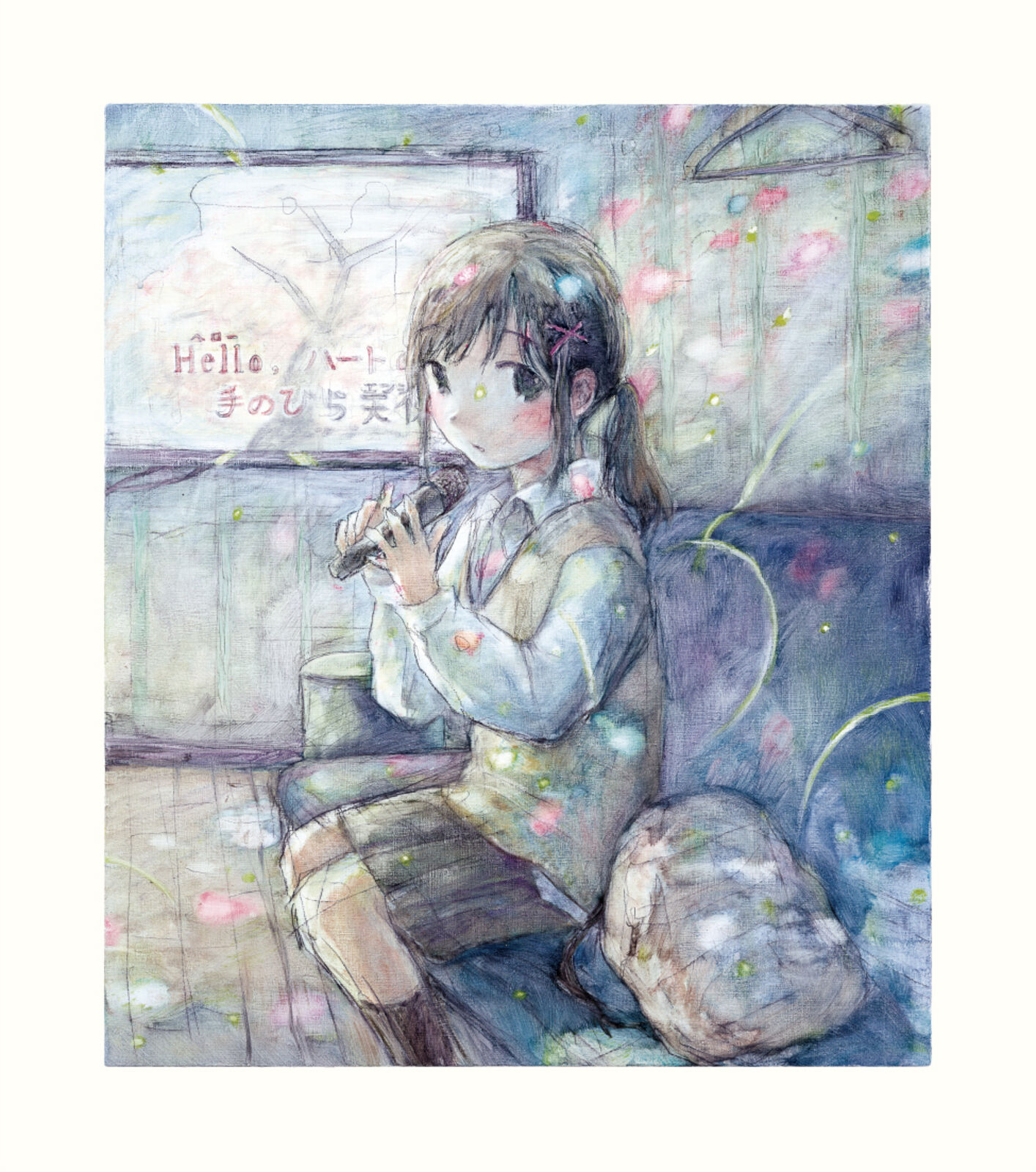 A drawing of a girl sitting on a couch playing a flute.