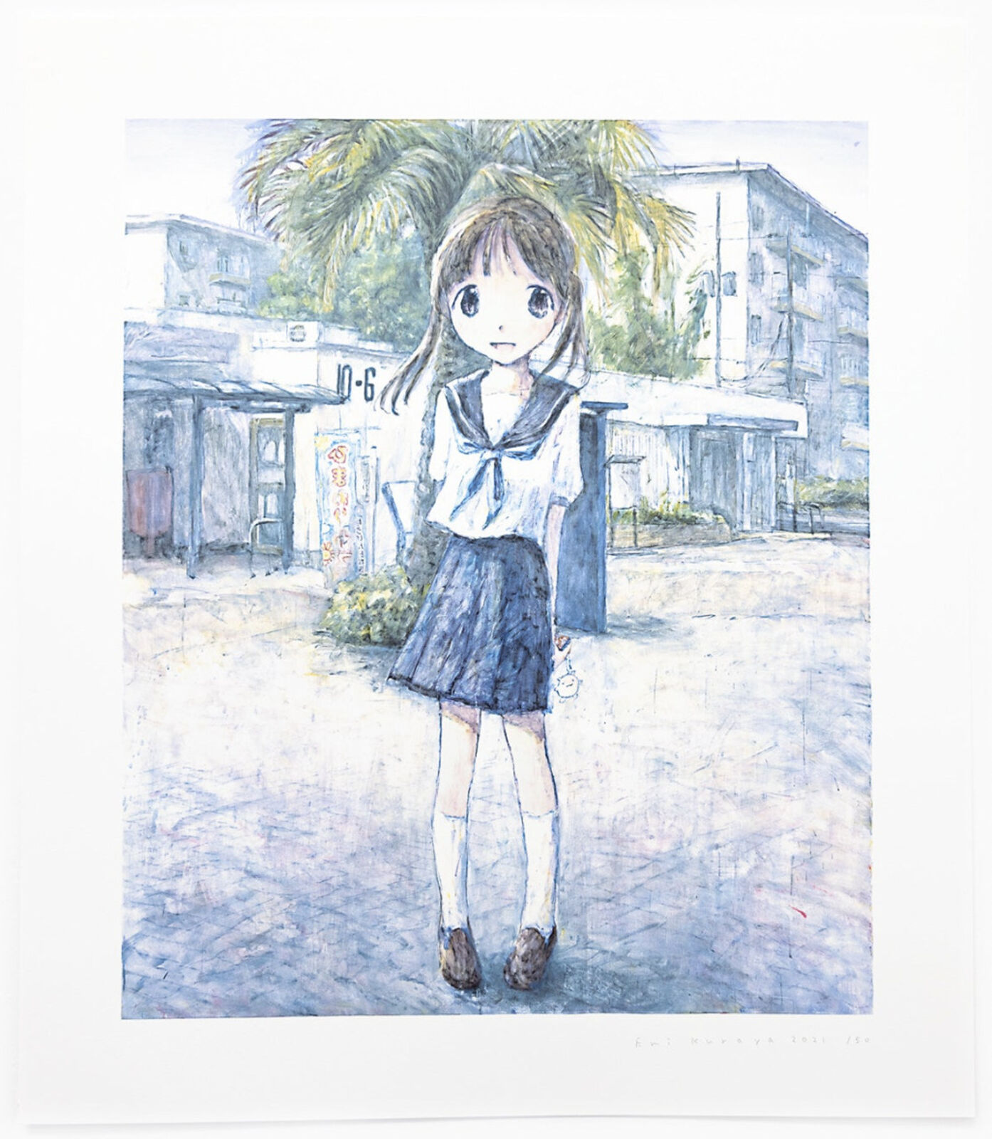 A watercolor painting of a girl in a school uniform.