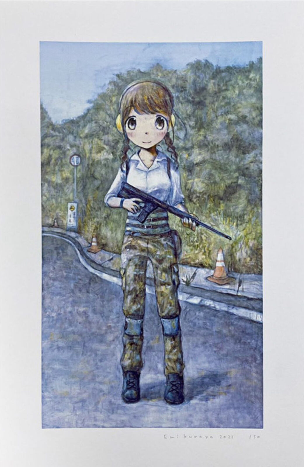 A painting of a girl holding a rifle in her hand.