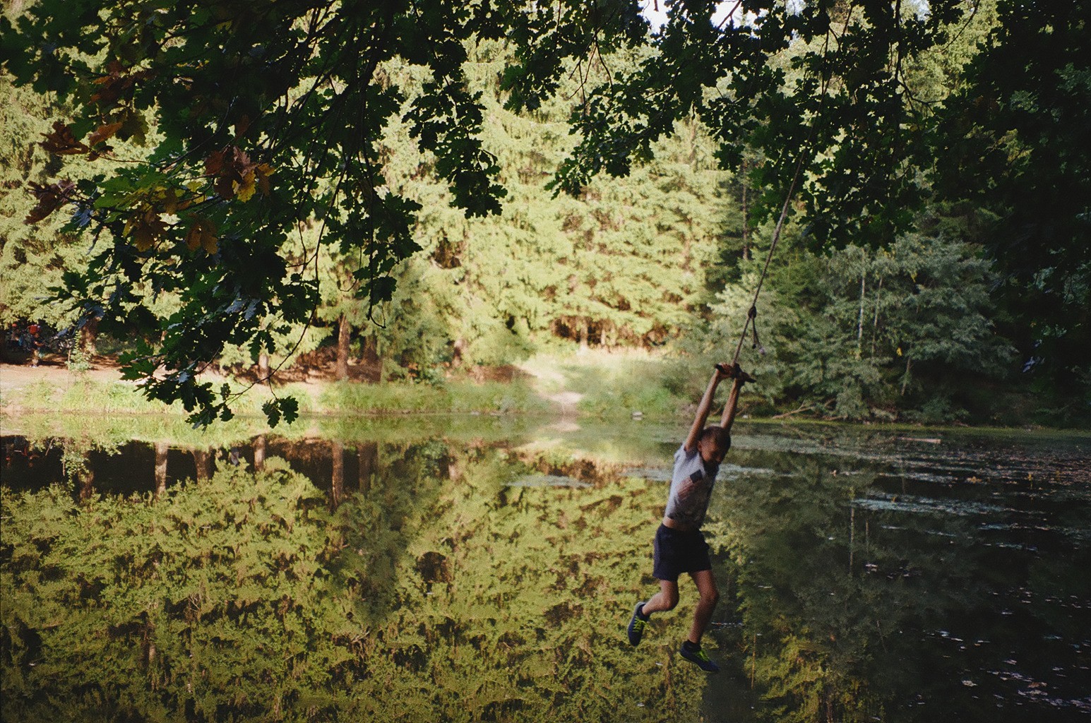 A person on a swing in the middle of a pond.