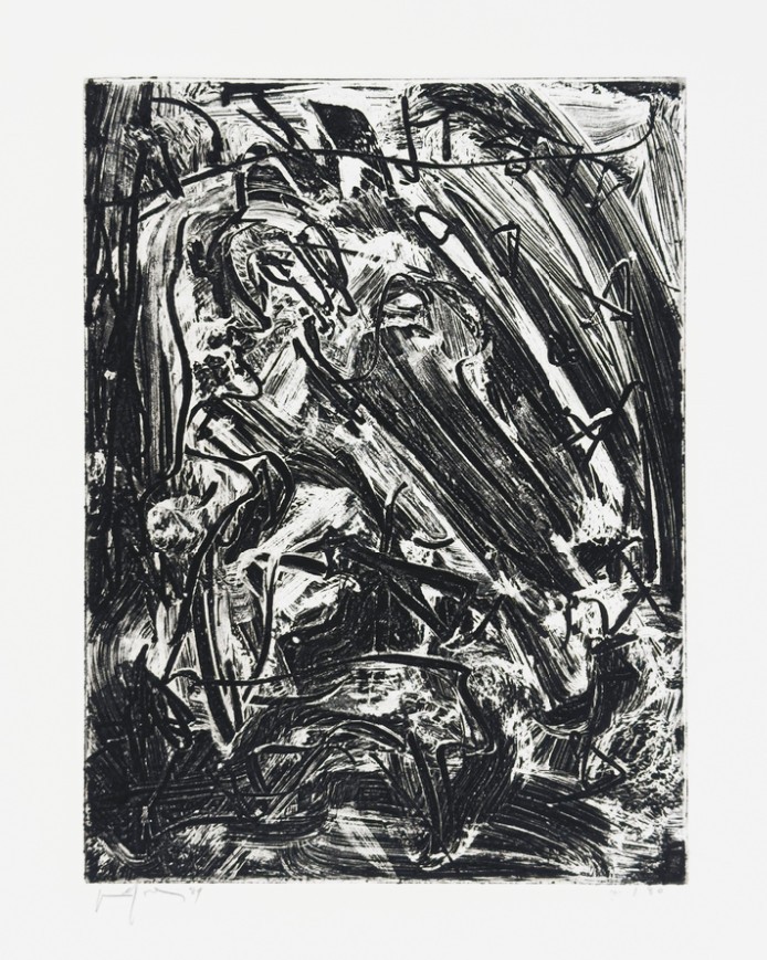 A black and white abstract print featuring a chaotic, swirling composition of dark lines against a stark white background.