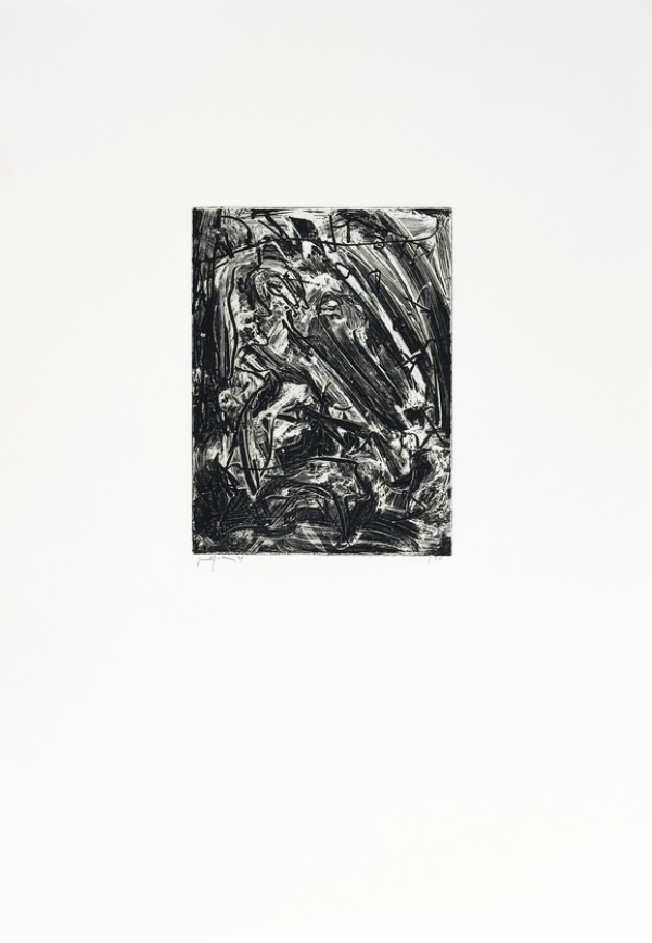 A black and white abstract print featuring a chaotic, swirling composition of dark lines against a stark white background.