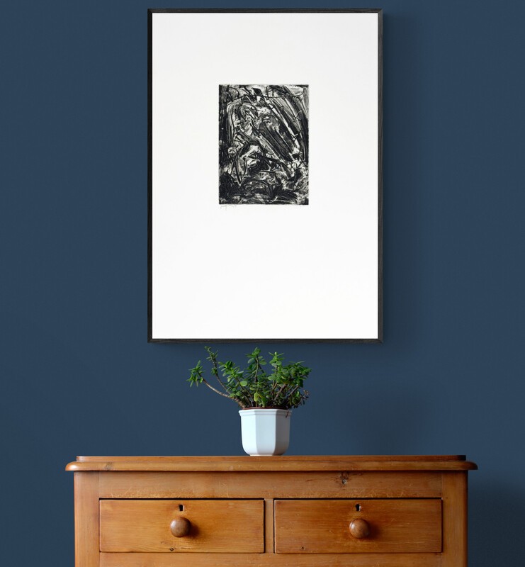 A black and white abstract print featuring a chaotic, swirling composition of dark lines against a stark white background.