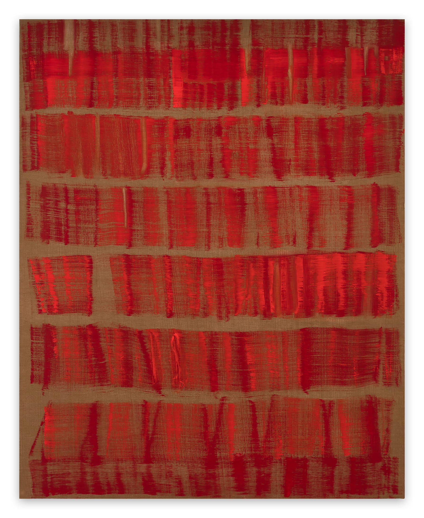 A painting of red and brown squares on a brown background.