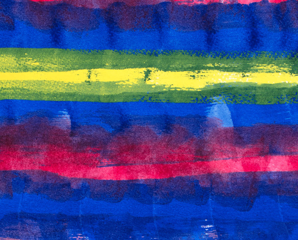 A painting of a blue, red, yellow, and green striped pattern.