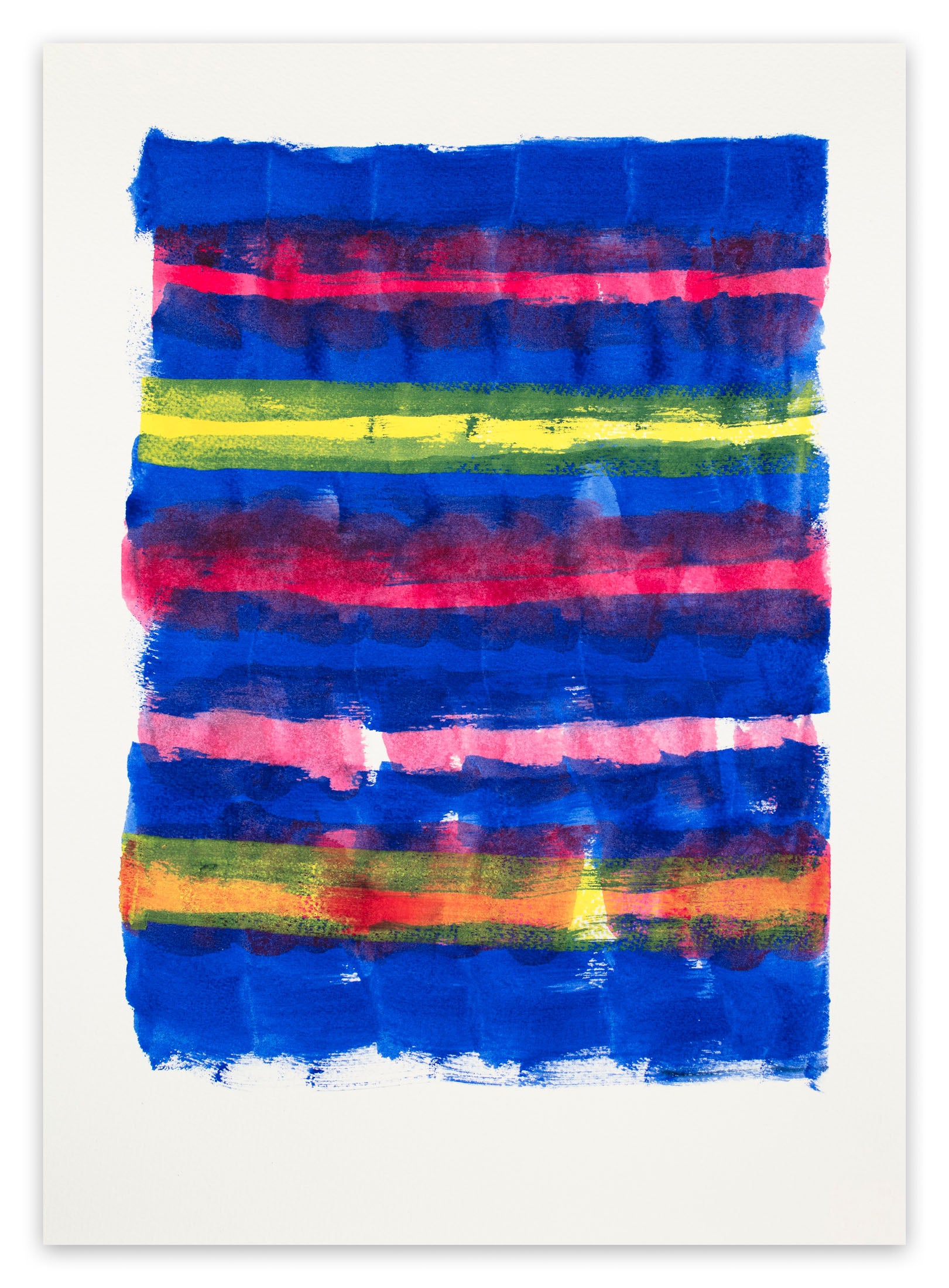 A painting of a blue, red, yellow, and green striped pattern.